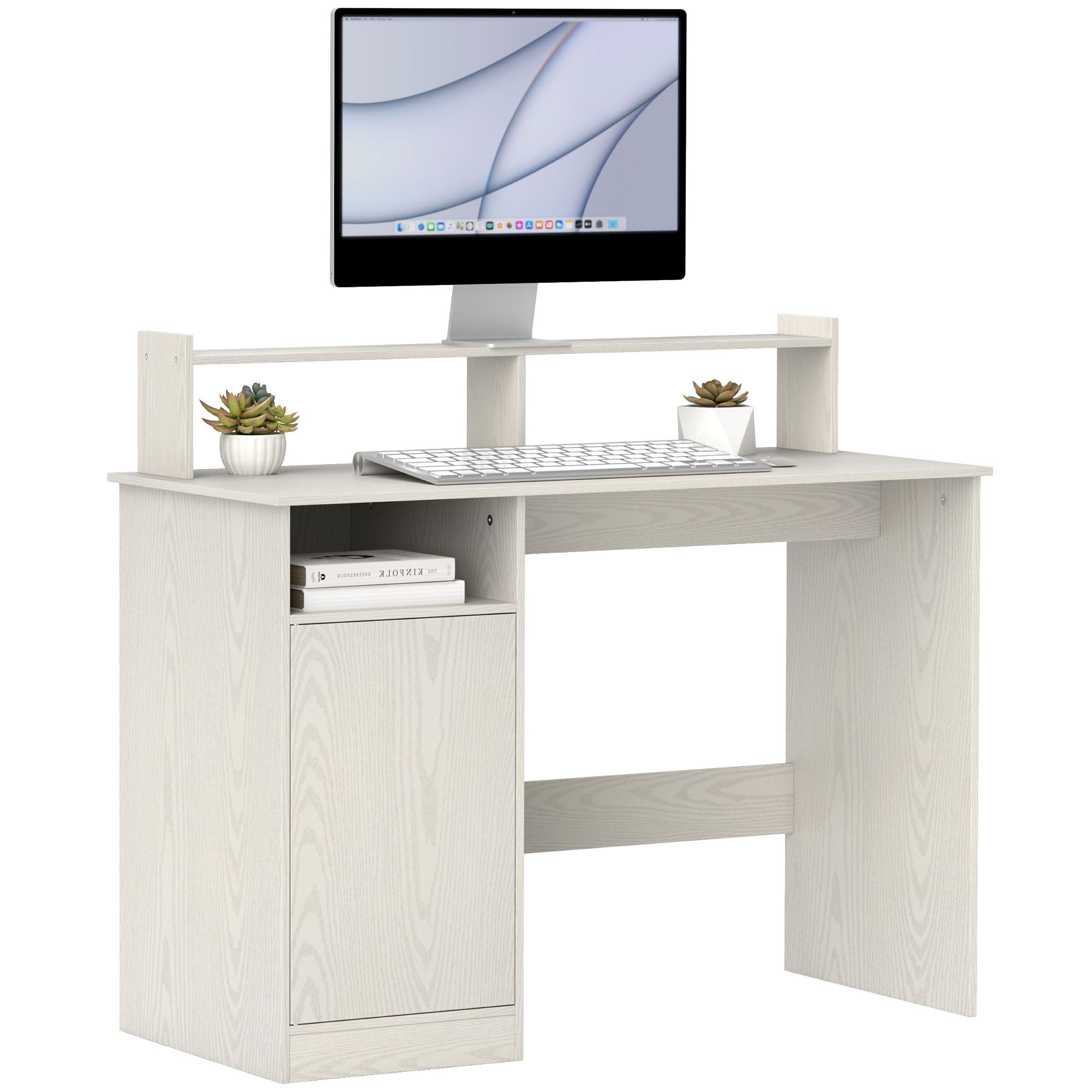 HOMCOM Escritorio con Estantería Moderno Escritorio con Puerta Compartimentos Abiertos y Soporte para Monitor Mesa para Estudio Dormitorio Hogar Oficina 108x50x94 cm Crema