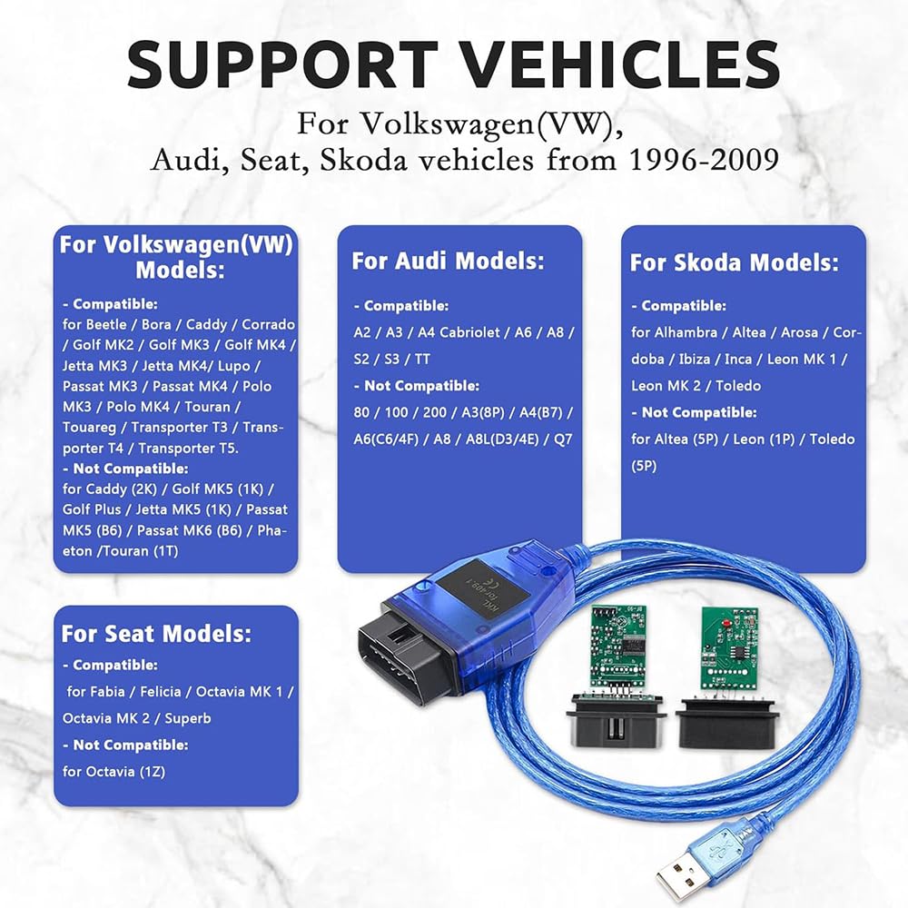 OBD2 KKL 409.1 for VCDS USB Cable for VAG, for VW, for Audi, for Seat, for Volkswagen and for Skoda Vehicles from 1996 to 2009, OBD Car ECU Scan Tool to USB Cable for Windows XP Diagnostic Scanner