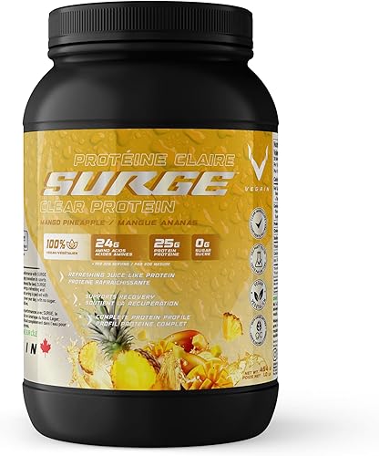 VEGAIN PRO-Surge Polvo de proteína transparente, sabor a piña y mango, 16.01 oz, 30 cucharadas, 0.88 oz de proteína a base de plantas, sin azúcar,