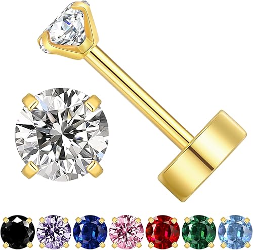 3mm Tiny CZ Flat Back Stud Earrings,14K Gold Small Screw on Cubic Zirconia Earrings for Cartilage Helix Tragus Piercing Jewelry Gift for Women Girls