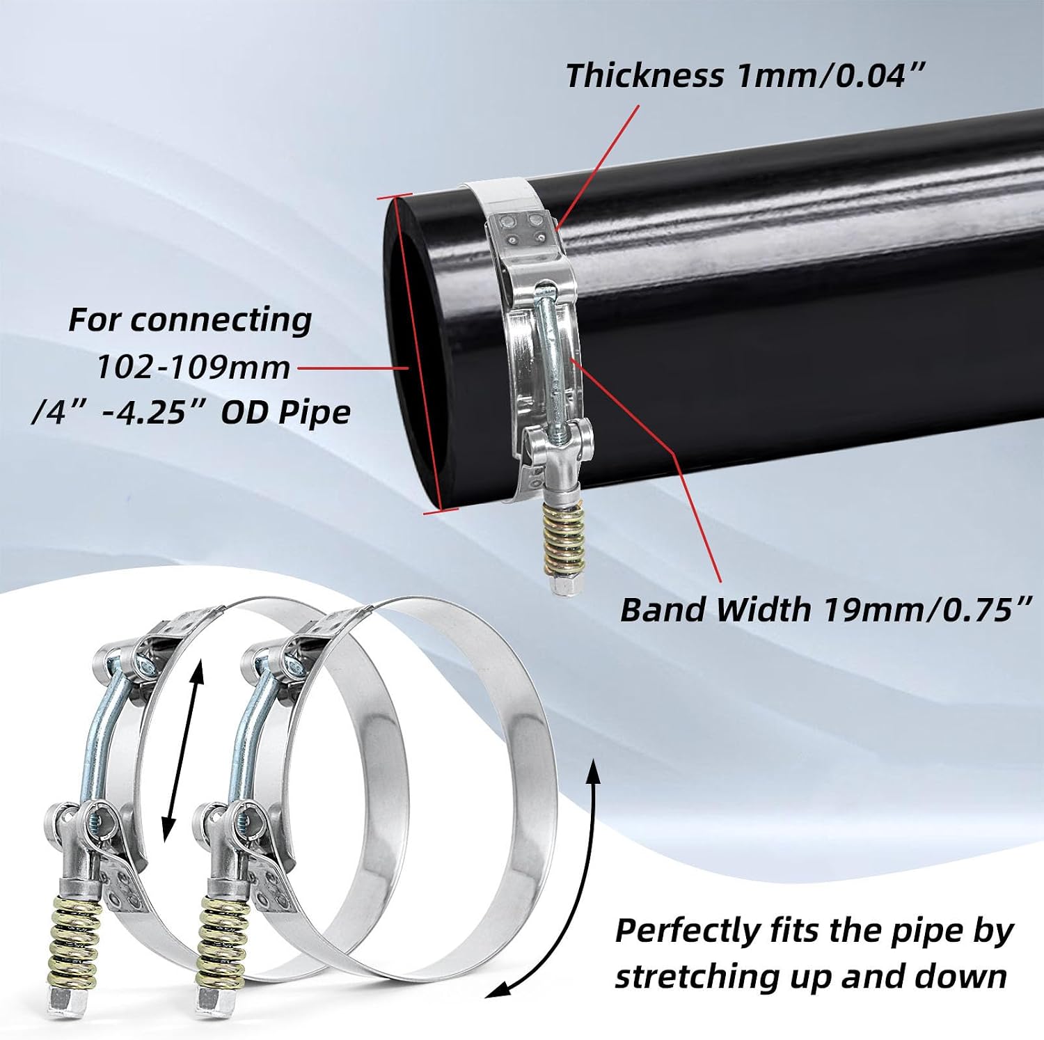 4.25 inch T-Bolt Hose Clamps, Stainless Steel Hose Clamp with Reinforcement Spring for 4.25" Diameter Pipe, Turbo Intake Intercooler Clamp Working Range 4"-4.25"(102-109mm), Pack of 2
