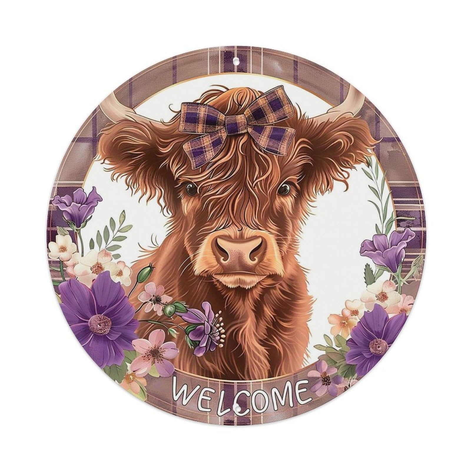 Floral Highland Cow Welcome Sign Tin Sign Metal Poster Vintage Metal Signs for Home Man Cave Bar Cafe Kitchen laundry room Wall Decorations 8x8 inches