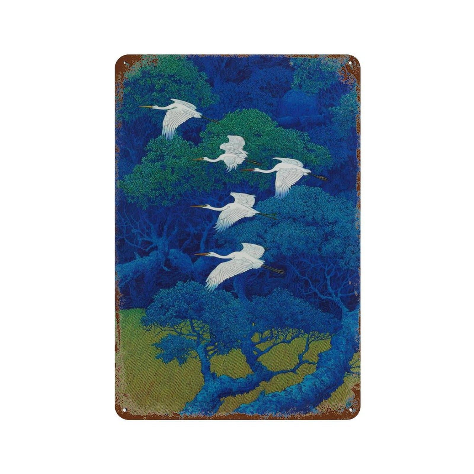 xiaoxiaoshen Dark Forest Crane Birds Deep Blue Nature Japanese Woodblock Style Ukiyo Wall Decor Art Metal Tin Poster Modern Home Decor Art Home Bar Shop Decorations Vintage Sign 30x20cm