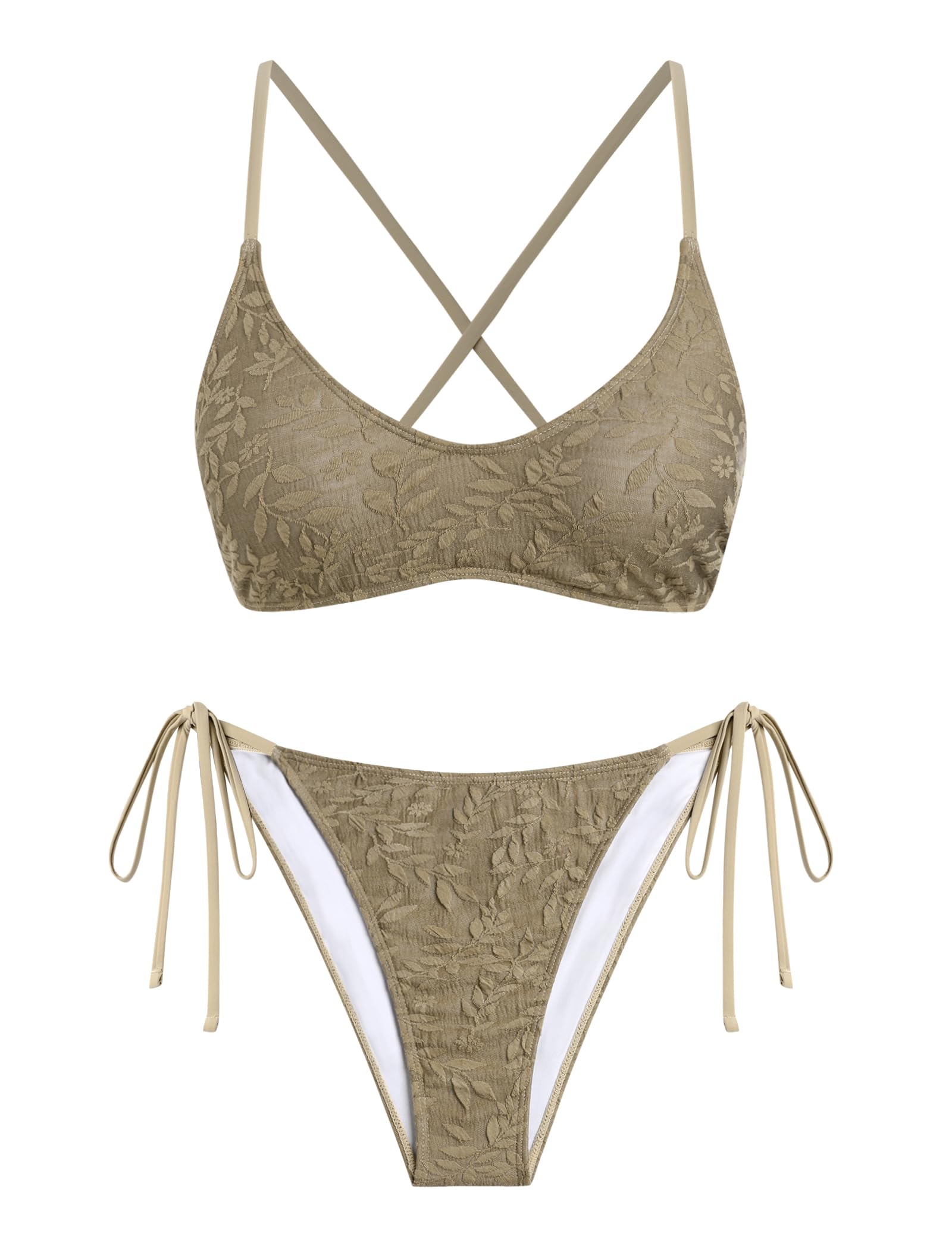 ZAFUL Women's Tie Back Padded High Cut Bralette Bikini Set Two Piece Swimsuit (hb-zz-Khaki, XL)
