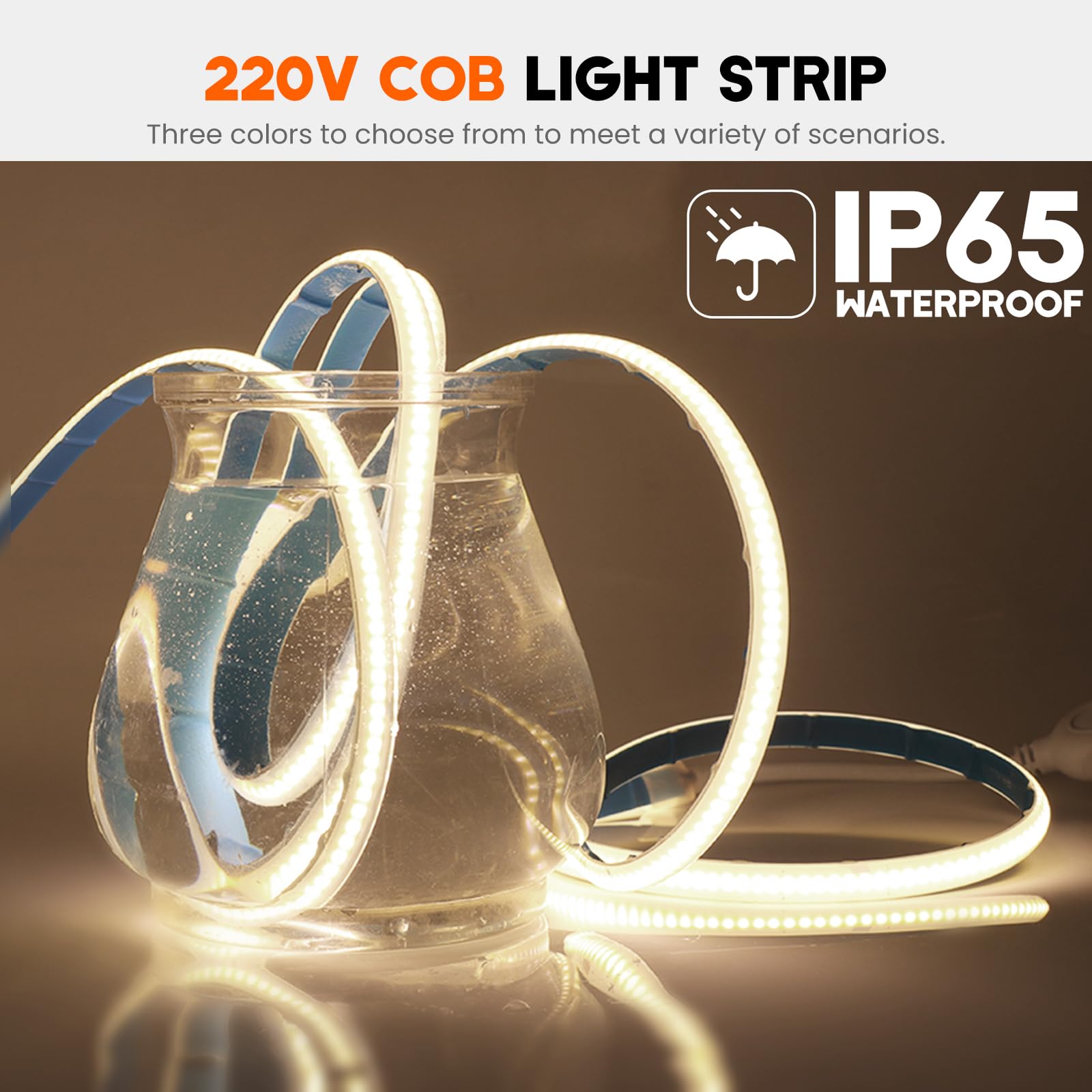 220V COB LED Streifen 20M, 288 LEDs/m Flexible Superhell Naturweiß CRI≥85 LED Lichtband, IP65 LED Band Lichtschlauch Leiste Kette Selbstklebend mit Stecker für Schlafzimmer, Schrankbeleuchtung