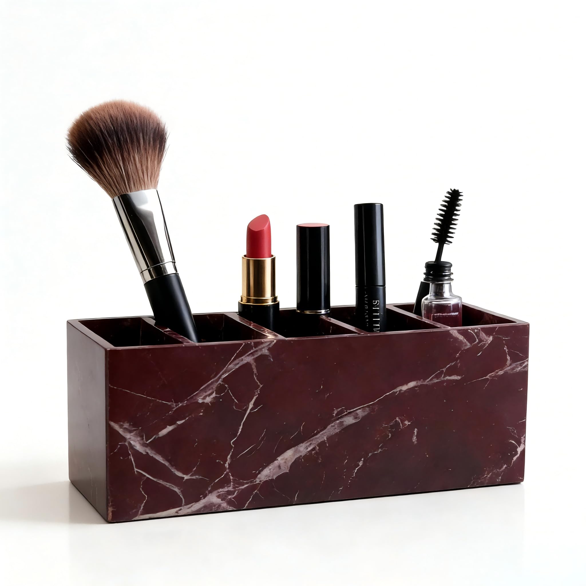 Marble Desk Organizer and Pen Holder, for Bathroom Organizers and Storage, Toothbrush Holders, Bathroom Counter Organizer, and Vanity Organizer, Purple-Red with White Veins (Five Layers)