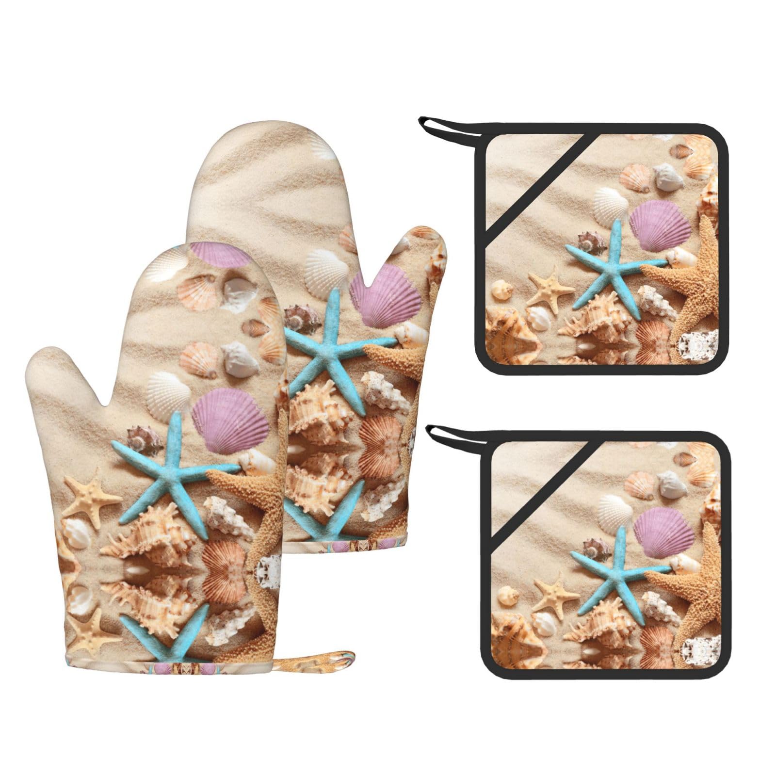 Seashells Starfish Printed Pot Holders and Oven Mitts 4-Piece, Non-Slip Kitchen Gloves with Utensil Pocket for BBQ