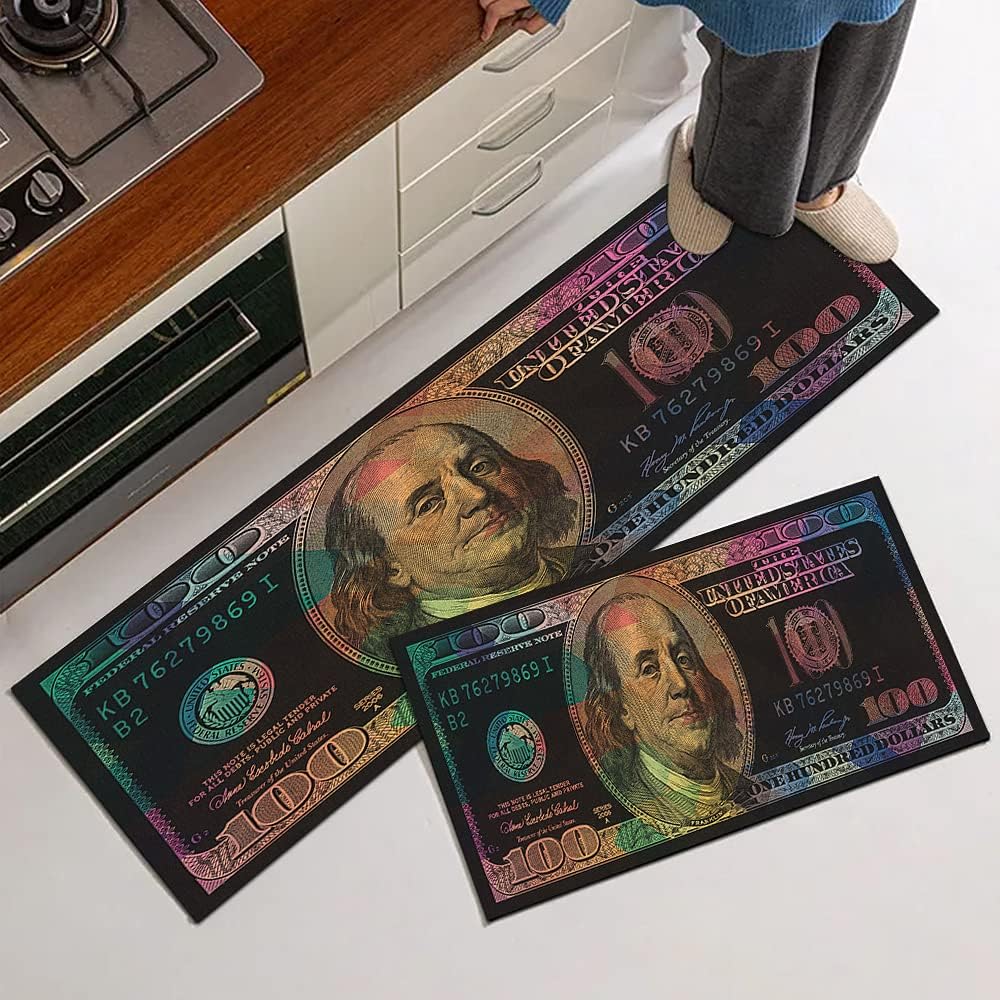 Colorful Money Rugs 100 Dollar Bill Kitchen Rugs Laundry Room Rug Non-Slip Rubber Indoor Outdoor Rugs for Hallway Living Room Bedroom Dining Room Bathroom Mudroom Room Decor 17.5"x29"+17.5"x59"