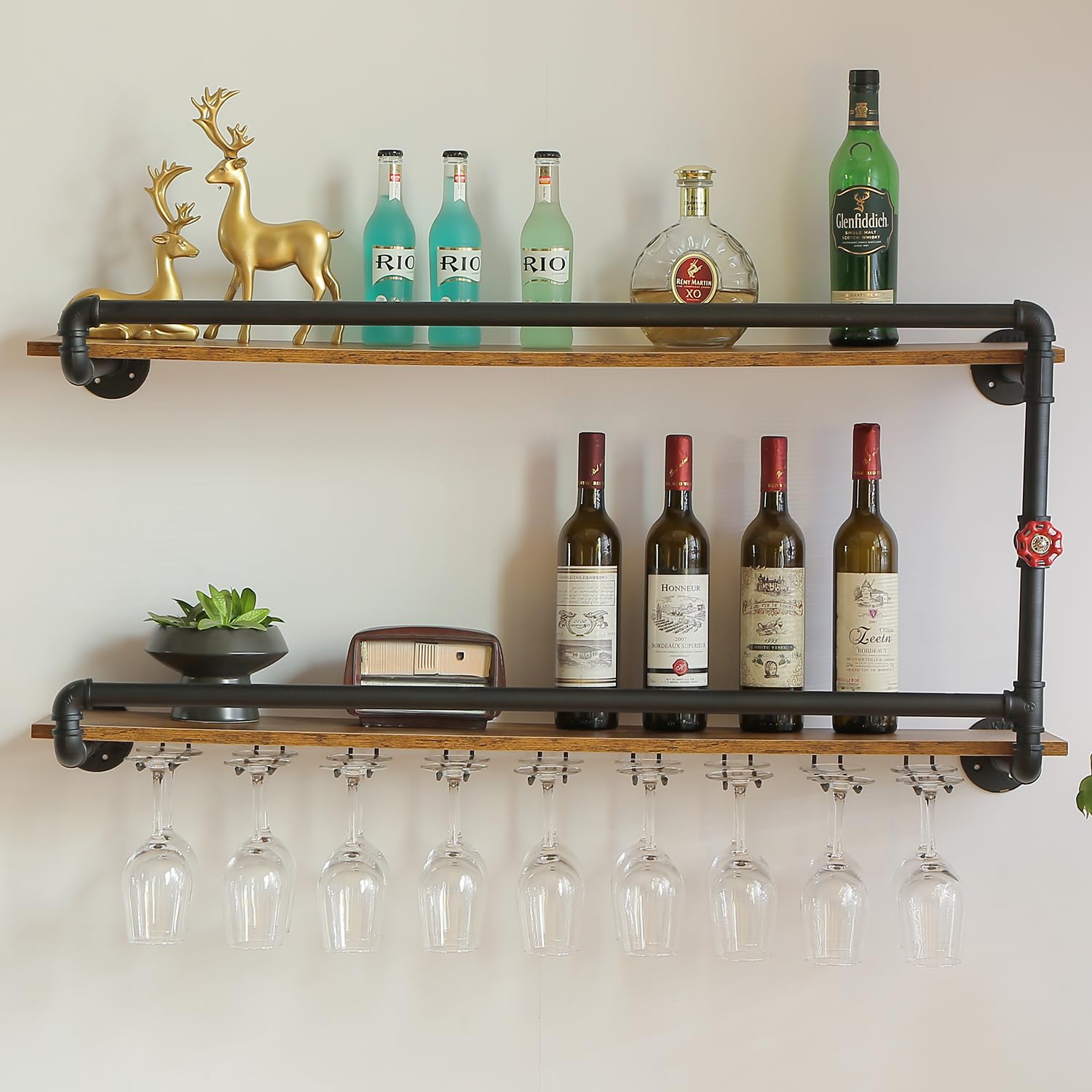 BOTAOYIYI 41 Inch Wine Rack Wall Mounted 2 Tier, Hanging Floating Bar Liquor Shelves with Glass Holder Storage Under, Industrial Rustic Pipe Farmhouse