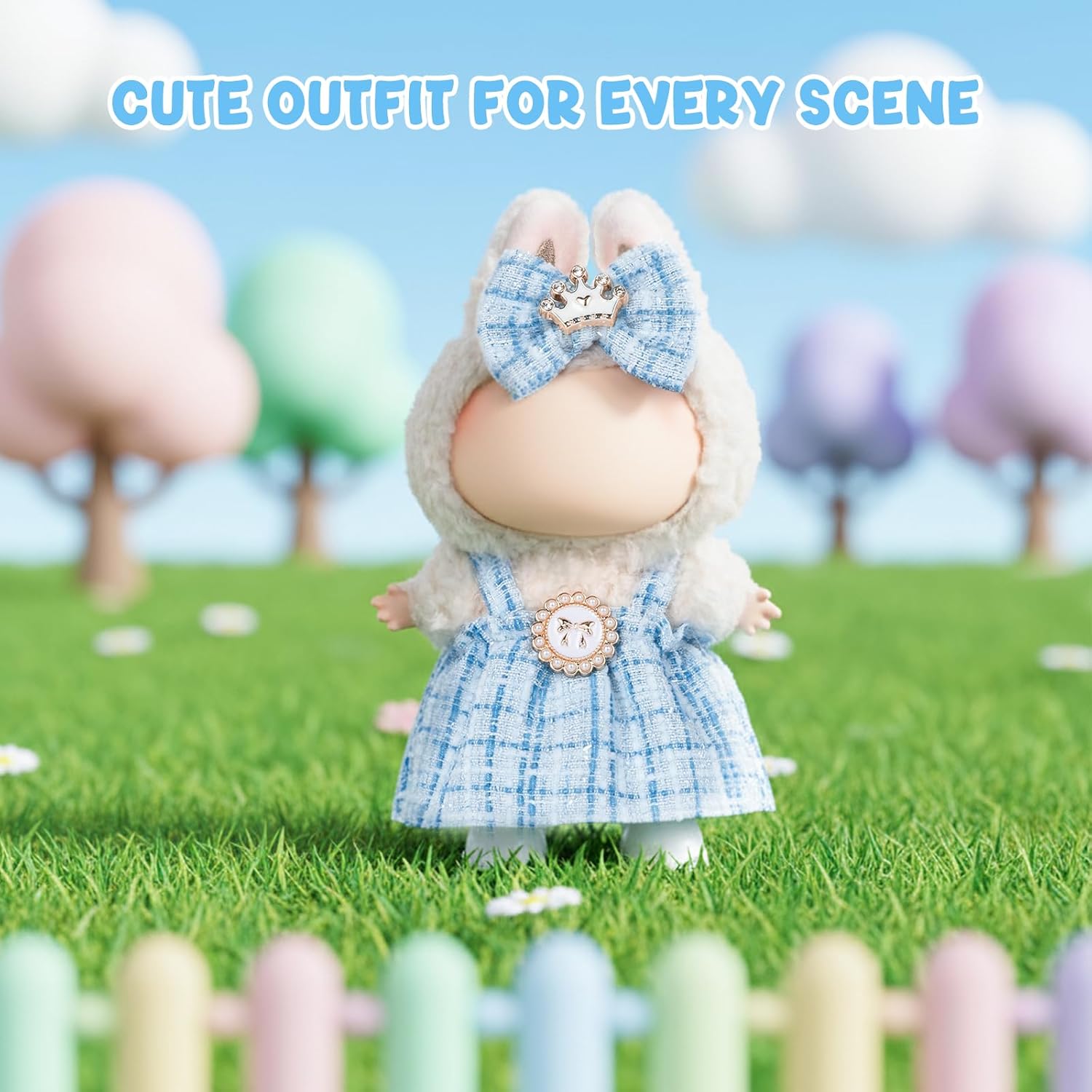 Clothes for LABUBU Doll (NO Doll) - 17cm Doll Clothes & Accessories Blue Dress Elegant Cute 3-Piece Outfit with Mini Hair Clip and White Shoes Clothing