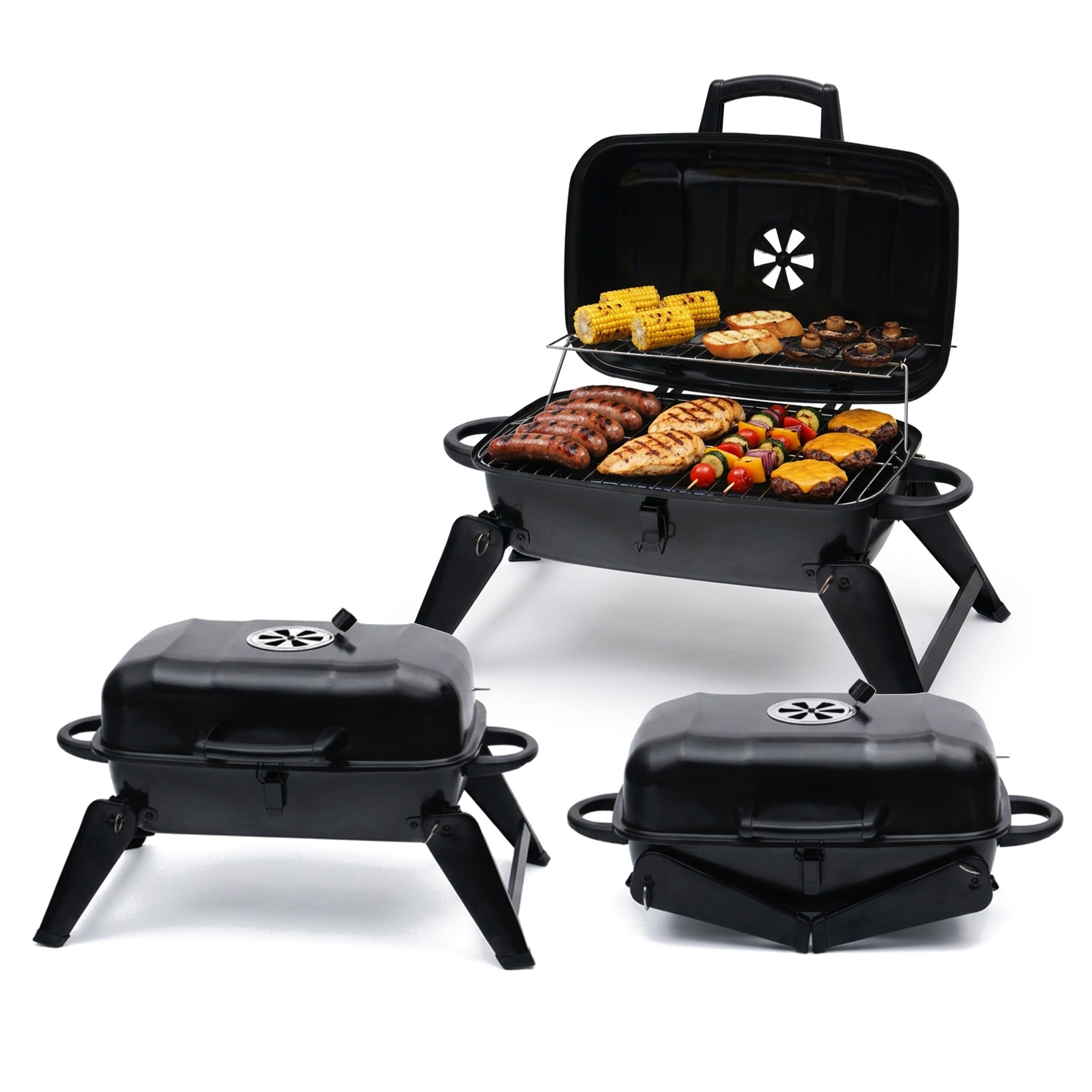 Relaxdays griglia tavolo pieghevole portatile 34x59x36 cm, acciaio nero | Scaldavivande, ventilazione, barbecue carbone