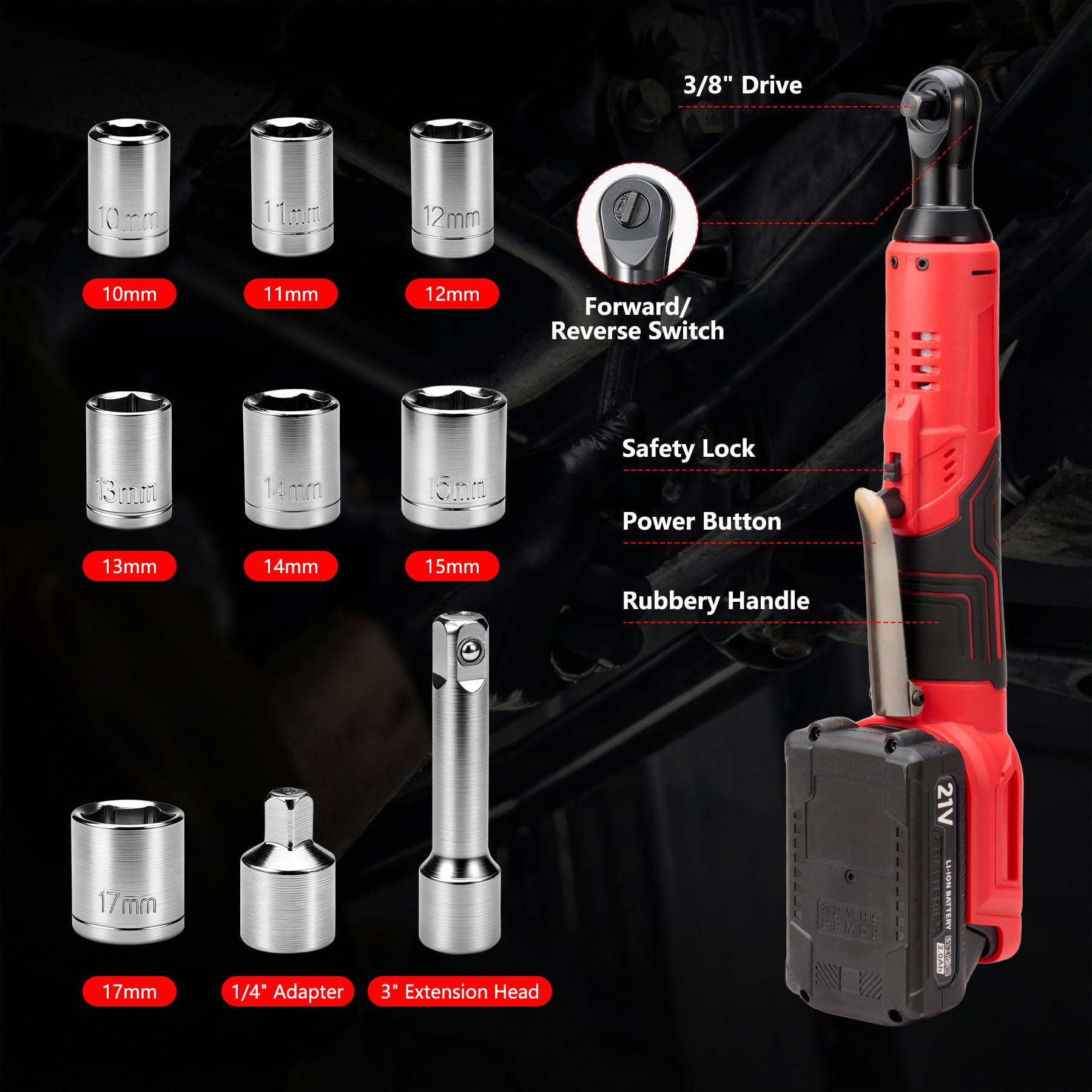 Clé à Cliquet Sans Fil 3/8", Cliquet Électrique 85Nm avec 2 Batteries 2.0Ah, 220 tr/min, Jeu de 7 Douilles et Adaptateurs, Outil Idéal pour Réparations Automobiles et Montage