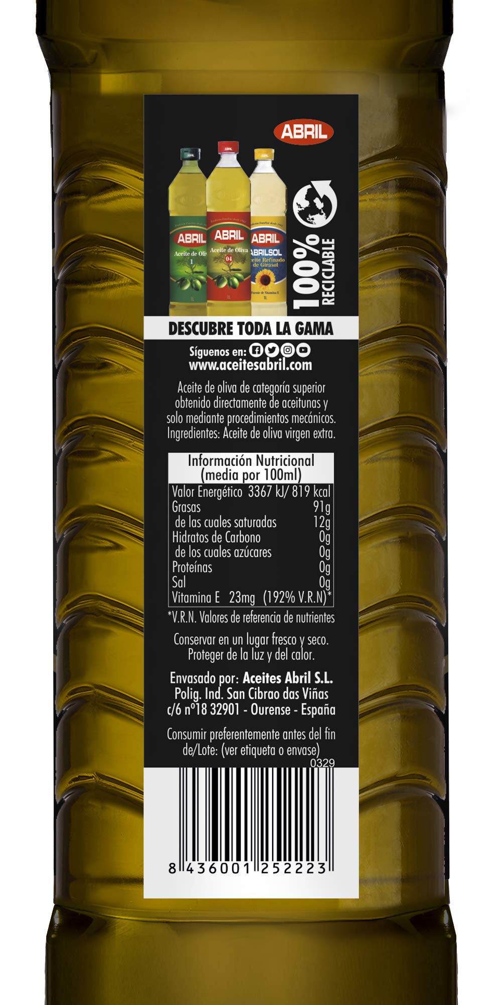 ABRIL - Aceite de Oliva Virgen Extra, Variedades Hojiblanca, Arbequina y Picual (1 litro - Caja de 15 botellas)