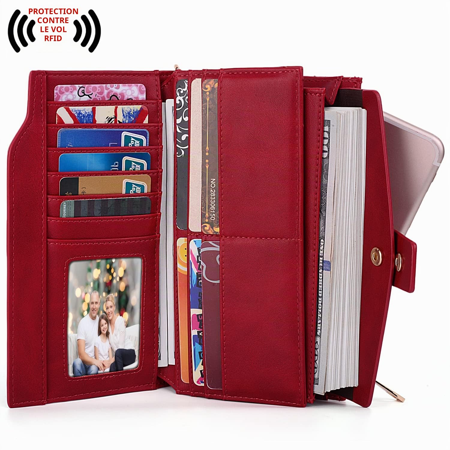 UTO Femme Portefeuille Blocage RFID en PU Cuir avec Bracelet Grande Capacité(21 emplacements de Cartes) Poche Intérieure Convient aux Portables 5.5''