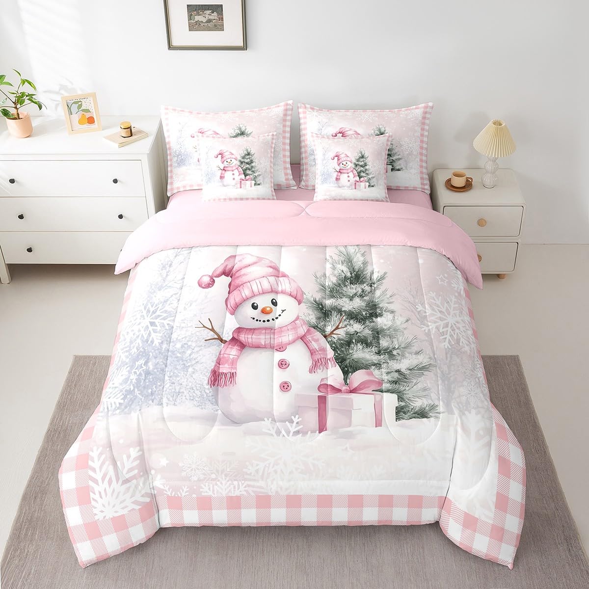 Parure de lit 7 pièces bonhomme de neige kawaii avec couette et draps