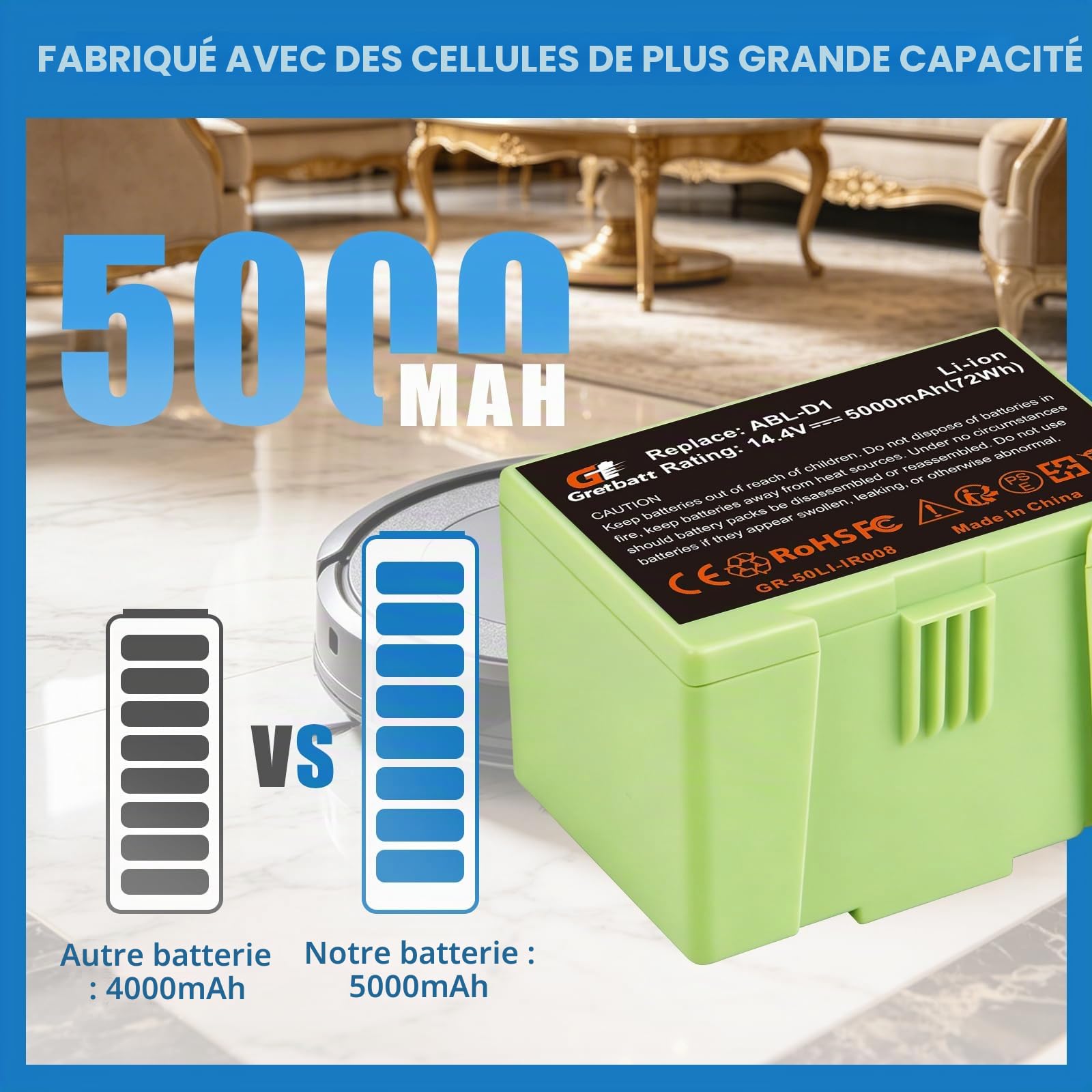 Batterie de Rechange Li-ION pour i7, Batterie 14.4V 5000mAh pour iRobot Roomba e et série i i7/i7+ i4/i4+ i3/i3+ e5 e6 i7158 i7550 i755020 7150 7550, Batterie Lithium-ION de Rechange