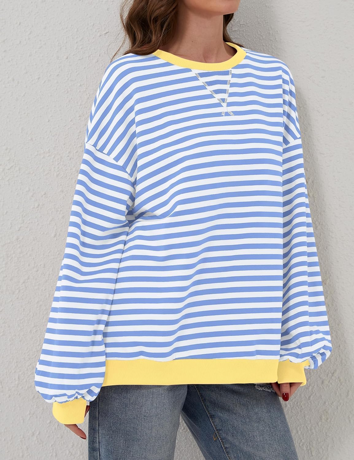 Womens Oversized Striped Sweatshirt Color Block Long Sleeve Shirt Crewneck Pullover Striped Sweater Y2k Clothes - Image 5