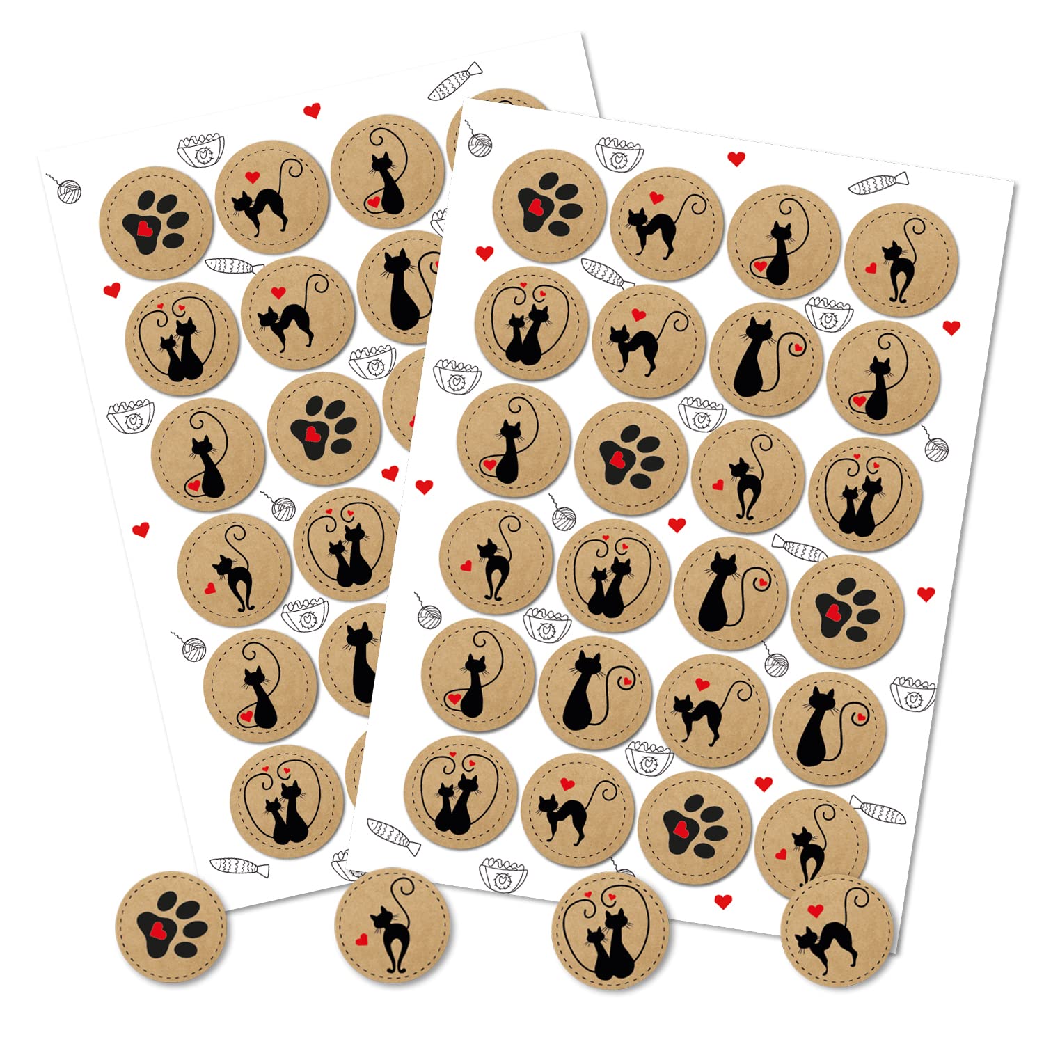 Logbuch-Verlag 48 pegatinas redondas de gatos en aspecto de papel de estraza con corazón marrón, negro y rojo – Pegatinas de animales para niños