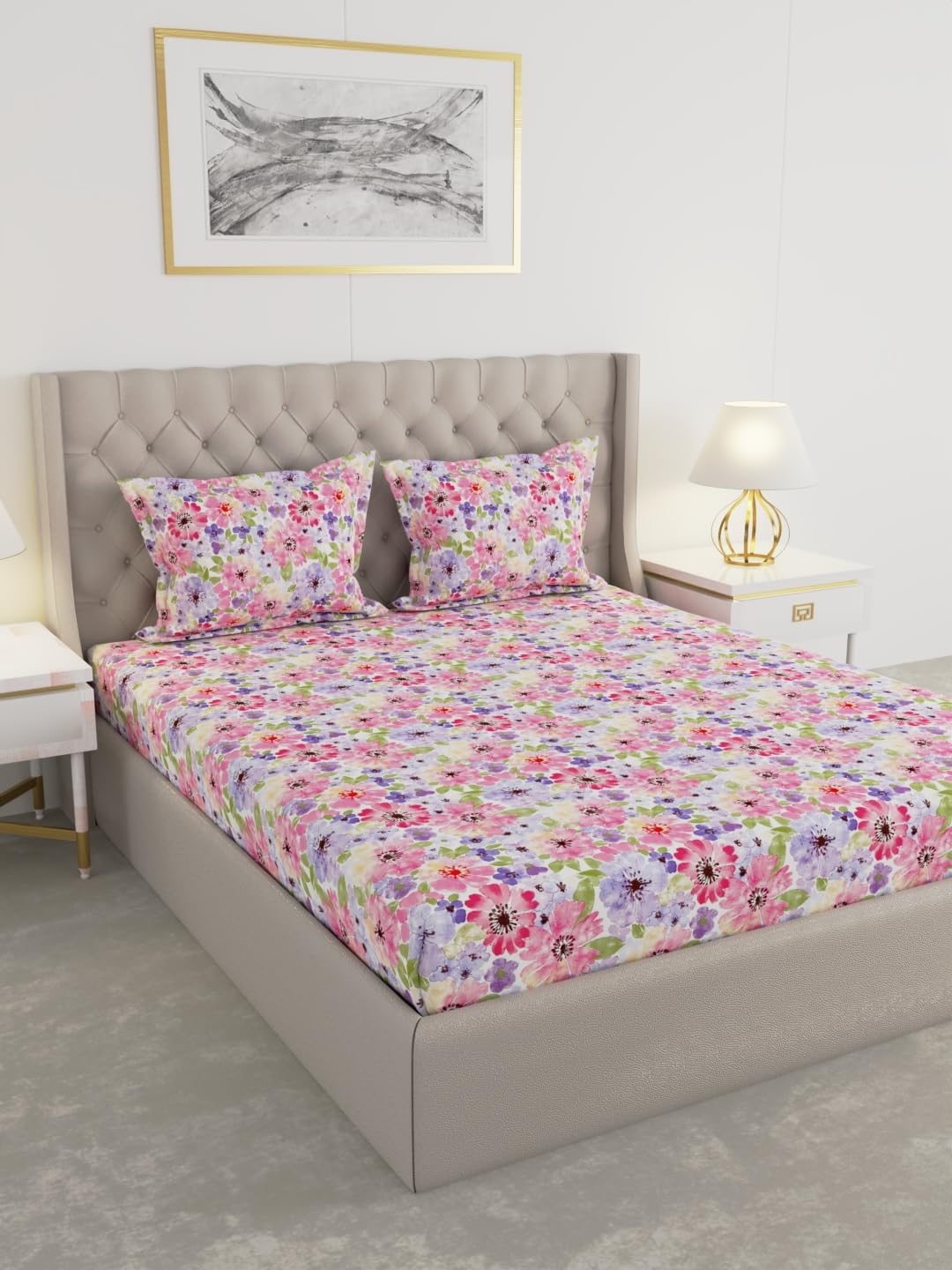 Raymond Home 100 GSM Insignia 100% Polyester Floral Double Bedsheet (2.25 Mx2.50 M) with 2 Pillow Covers(46 CM x 69 CM) - Pink & Purple-image-43