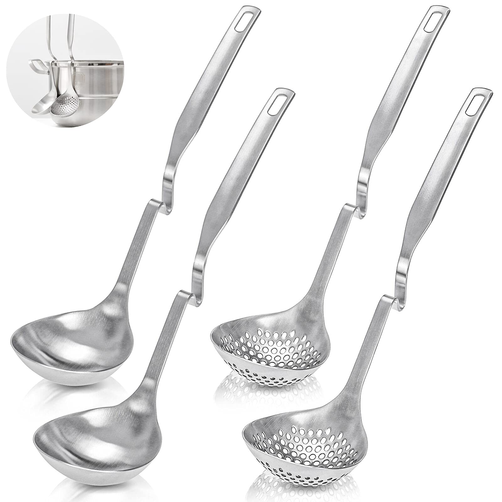 Peohud 4 Pack Soup Ladle Soup Colander, SUS304 Stainless Steel Slotted Hot Pot Ladle Strainer Scoops, Thickening Cooking Skimmer Cookware Utensil for Hotpot Scooping Sauce Serving, 12 Inch