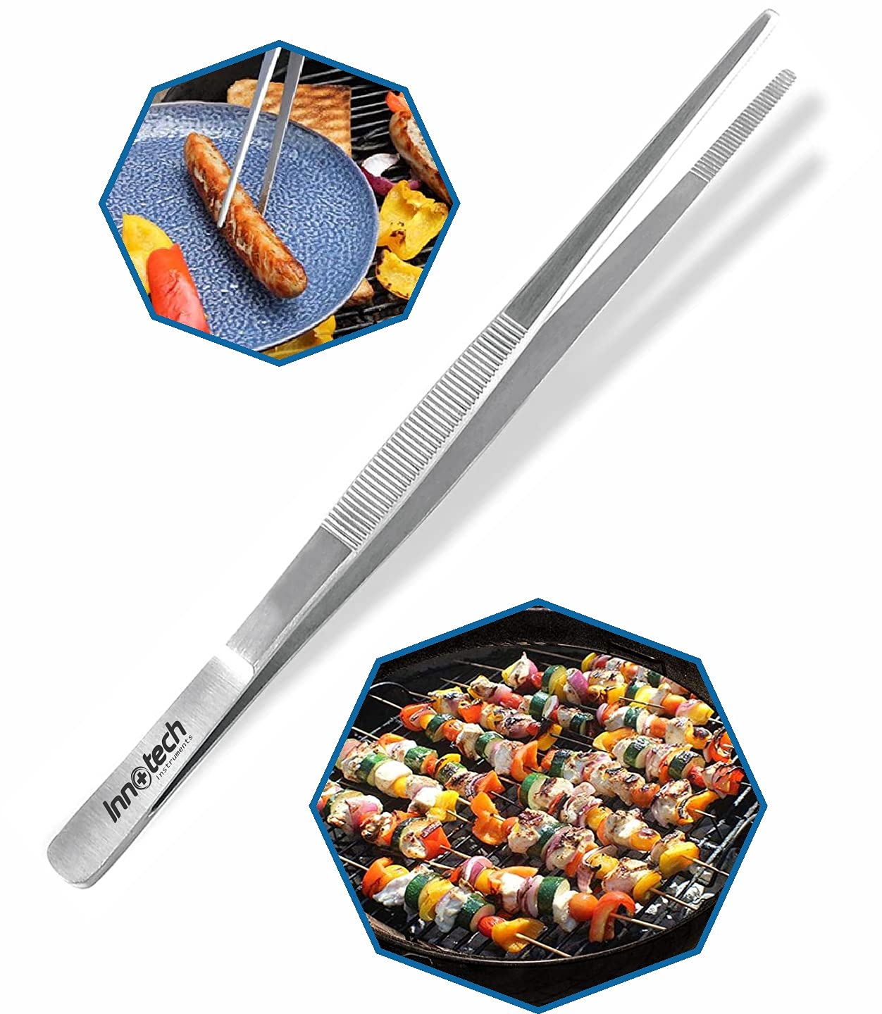 Innotech Instrumente Pęseta do grilla do grillowania, pęseta kuchenna do drobnej kuchni gastronomicznej, pęseta do prezentacji potraw, pęseta kuchenna jako zacisk do candybar, pęseta ze stali
