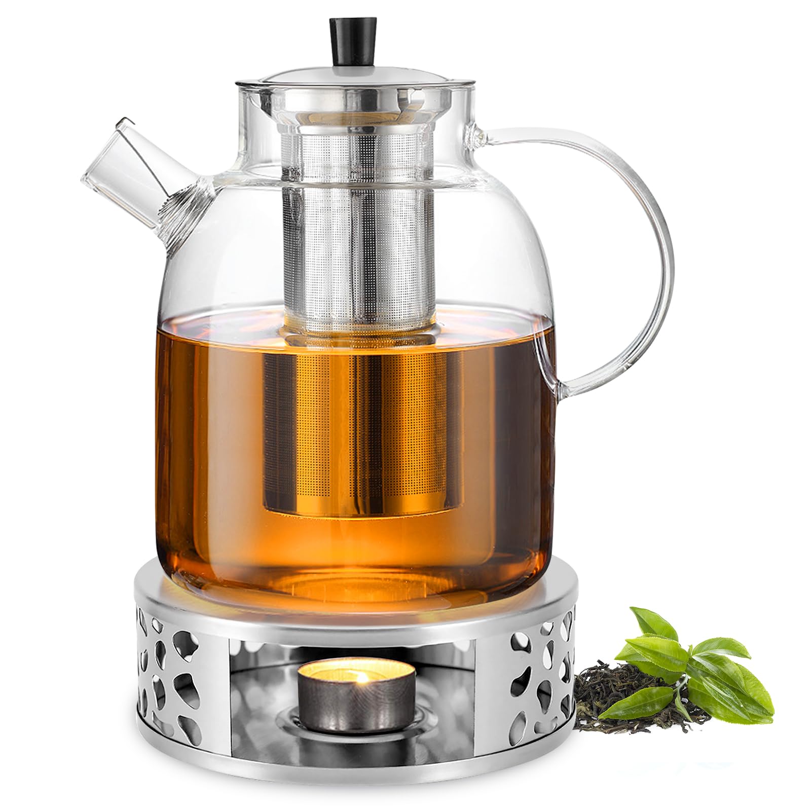 Théière en verre de 1,8 L avec infuseur et chauffe-plat, théière en verre avec infuseur en acier inoxydable et sous-verre de maintien au chaud, théière résistante à la chaleur pour thé en vrac et