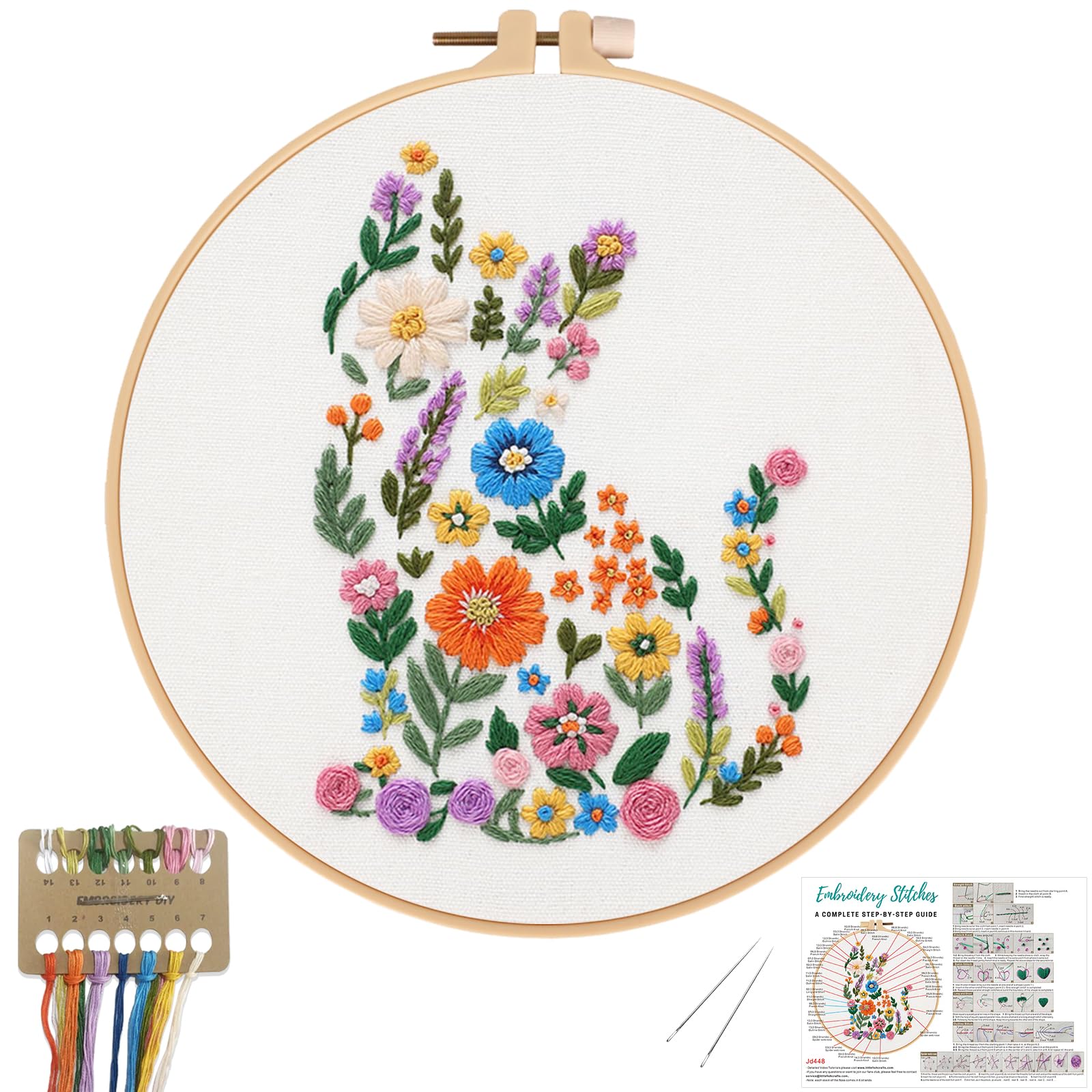Beginner Embroidery Kit - Floral Cat Design -1