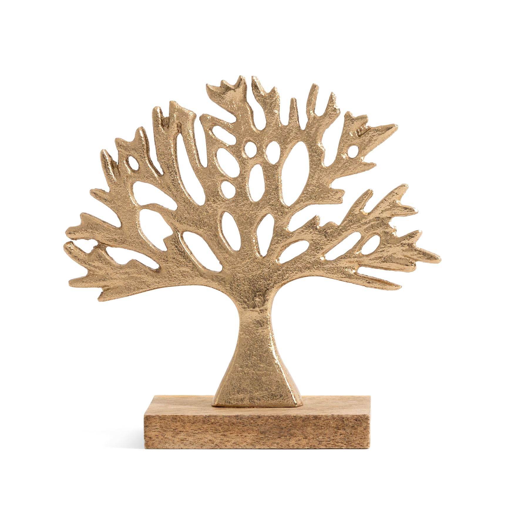 Gold Tree of Life Ornament | Metal Family Tree Sculpture on Mango Wood Base | Elegant Home Decoration - 16cm