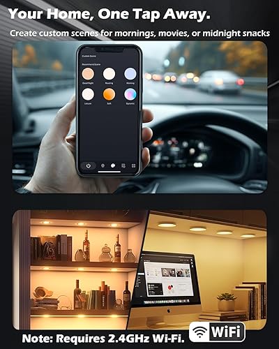 Miniatura 7 de Cefrank Luces de disco inteligentes WiFi (paquete de 6) - Kit de iluminación para debajo del gabinete controlado por Alexa y aplicación, regulable,
