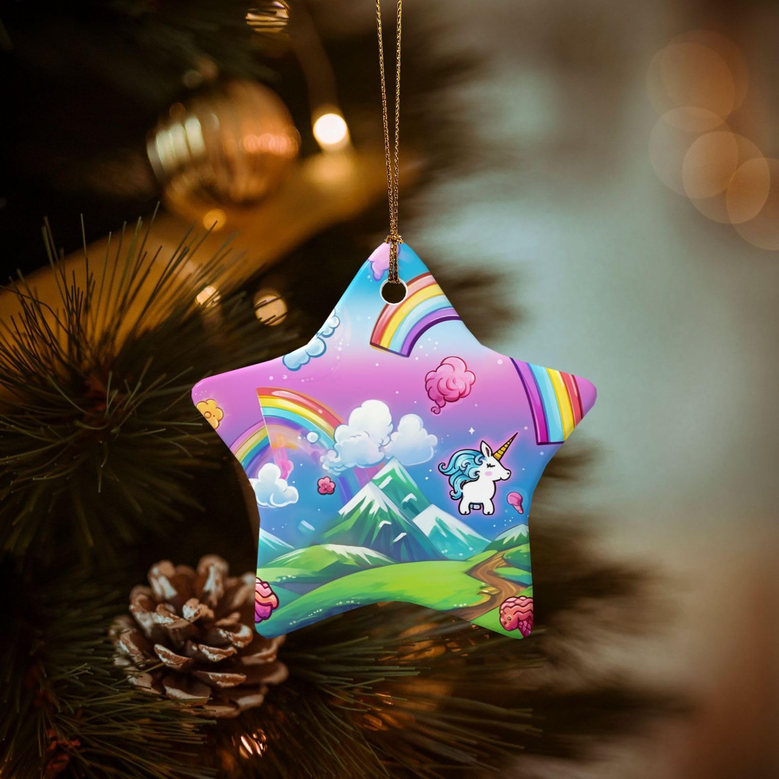 Christmas Tree Ornaments Ceramics Christmas Decorations Rainbow Ornaments with Gold Ribbon Porcelain Xmas Tree Crafts Star Shape Hanging Pendant for Christmas Tree Party Decor
