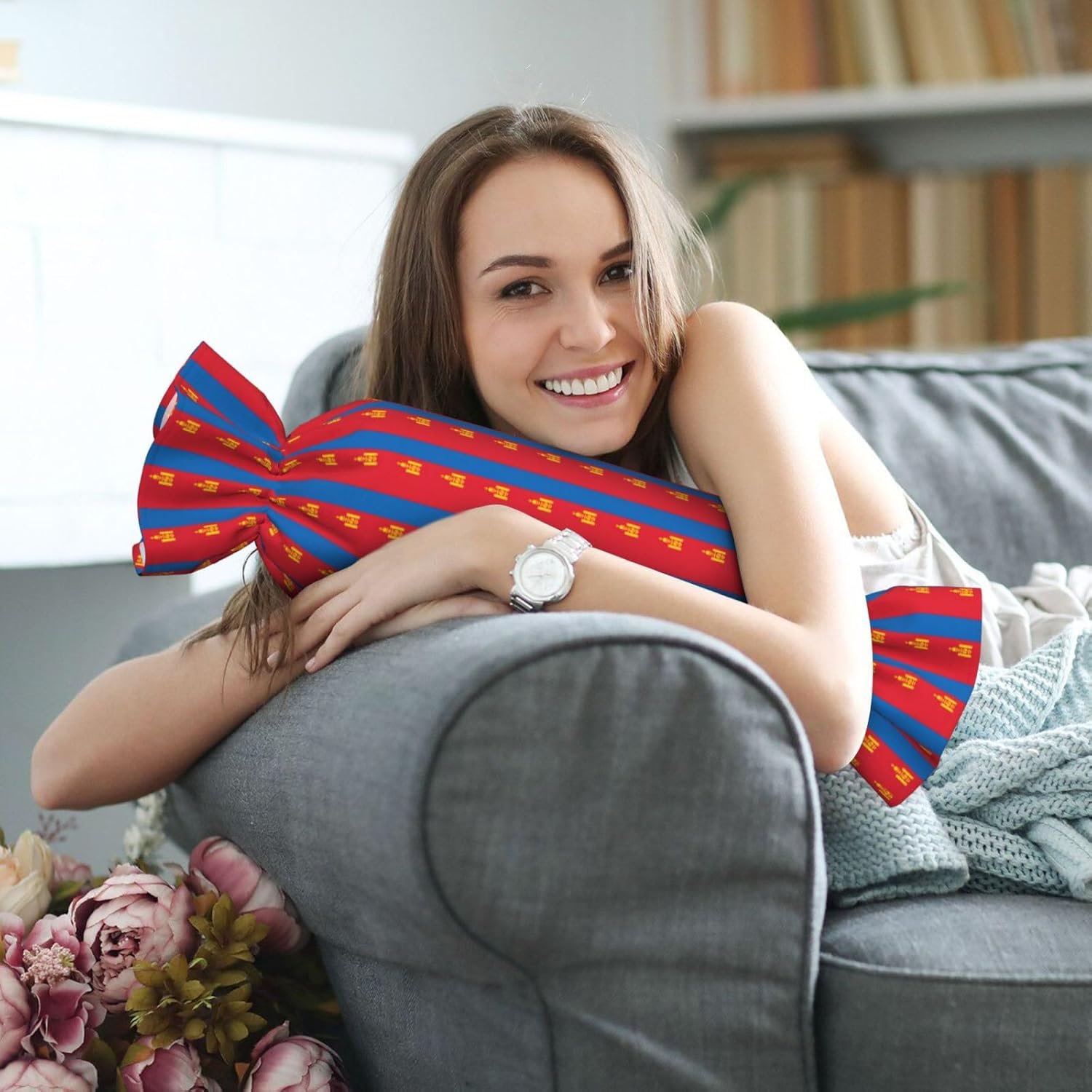 Mongolian Flag Print Candy Cylindrical Eco-Friendly Pillow Soft Velvet Living Room Bedroom Travel Decor