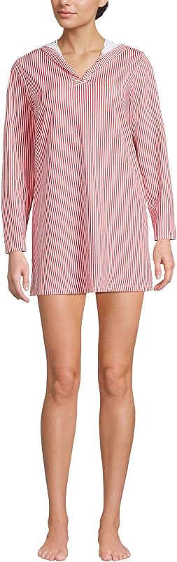 Lands' End Women's Cotton Jersey Long Sleeve Hooded Swim Cover-up Dress