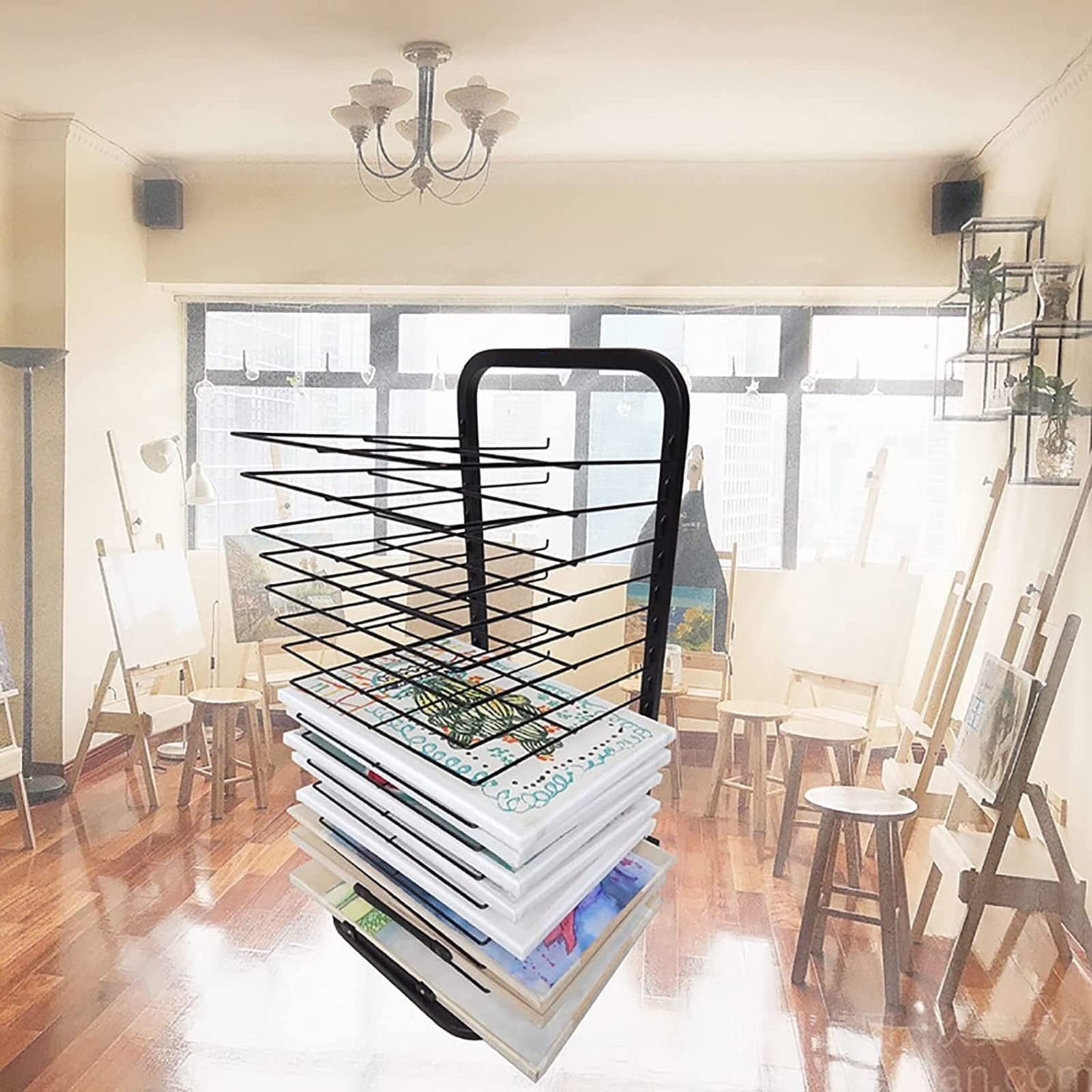 JYHHGDS Metal Art Drying Rack, Mobile Classrooms Painting Drying Rack Artwork Storage Display Shelf with Wire Shelves for Art Studios and Home Use, Black Powder Coated Finish-25 Shelves