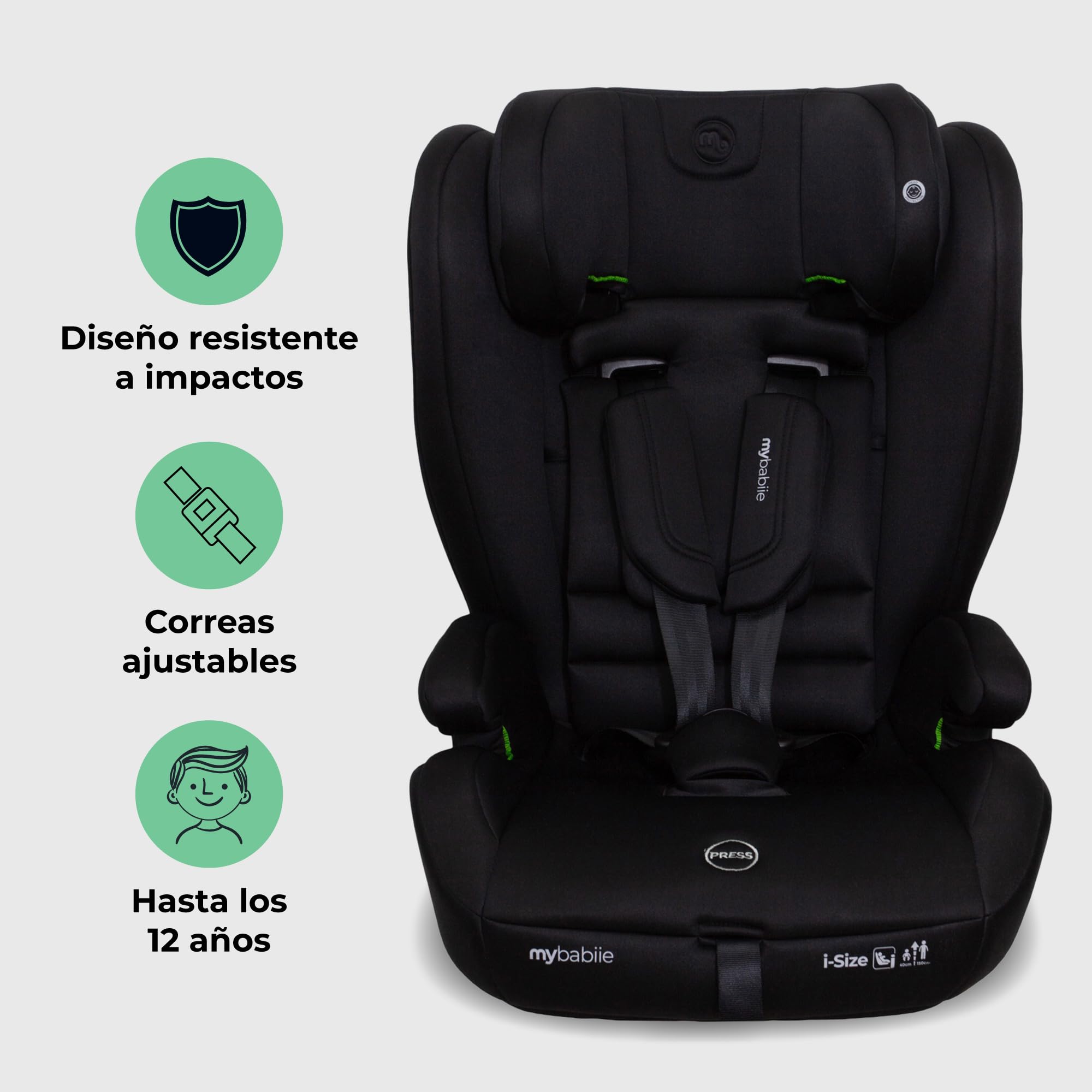Silla de coche infantil My Babiie MBCS75 i-Size R129 con ISOFIX y Top Tether – de bebé a elevador, arnés ajustable, 76-150 cm (aprox. 9-36 kg / 15 meses a 12 años), grupo 1/2/3, negro