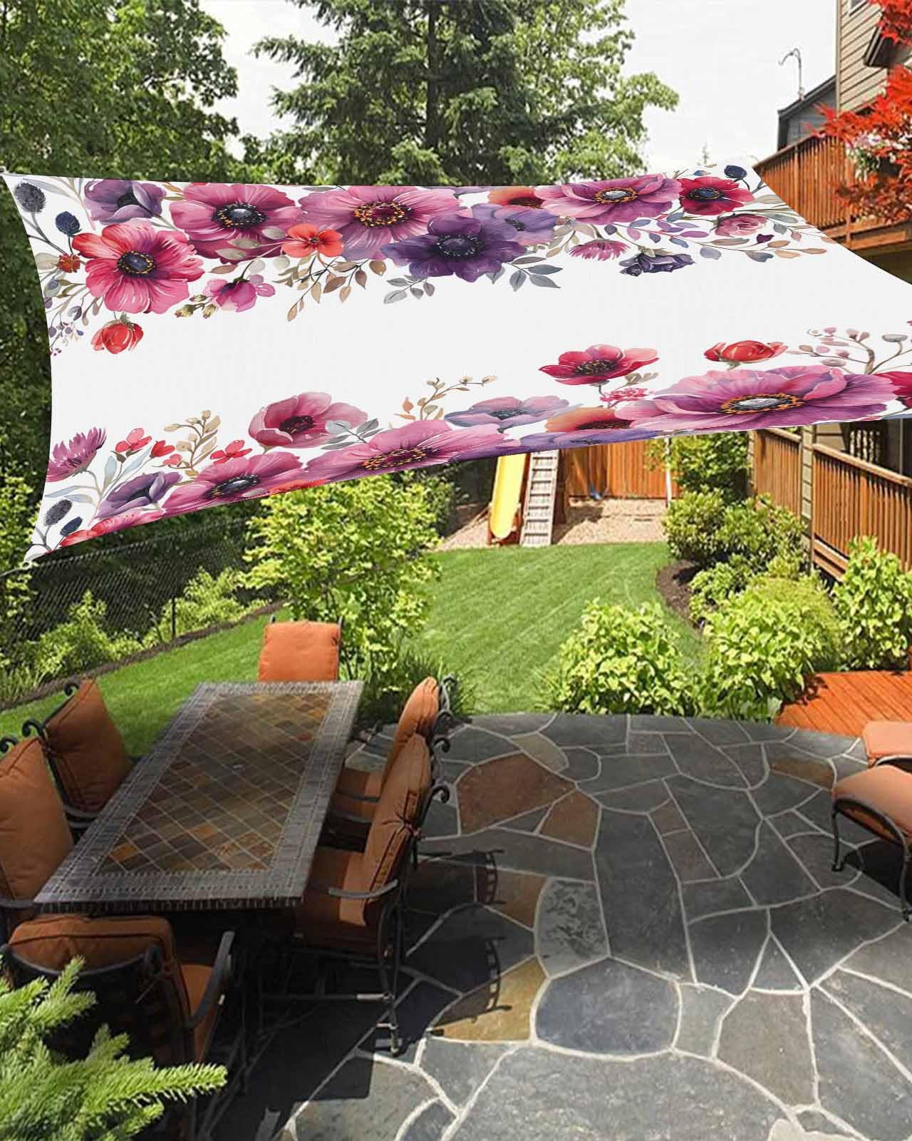Purple Floral Sun Sail Shades Rectangle Canopy,Sunlight Block Heavy Duty Curved Backyard Shade Cover,Waterproof Sun Shades for Patios Garden Outdoor,12'x16' Eucalyptus Aesthetic Leaves Botanical White