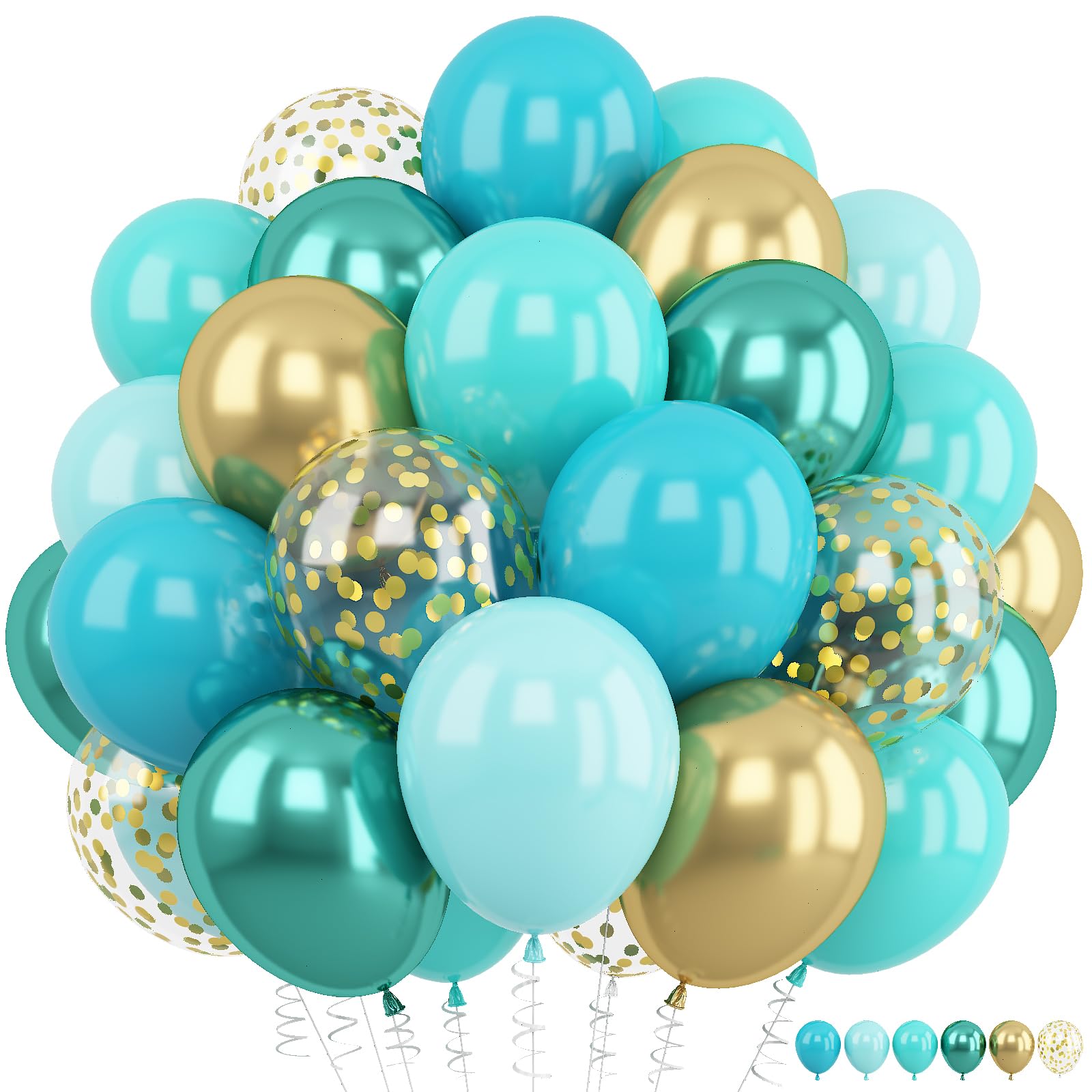 Froova Teal Balloons, 60PCS 12 Inch Teal Blue Turquoise Meatallic Green and Gold Confetti Balloon for Teen Girls Birthday Baby Shower Graduation New Year Party Decorations