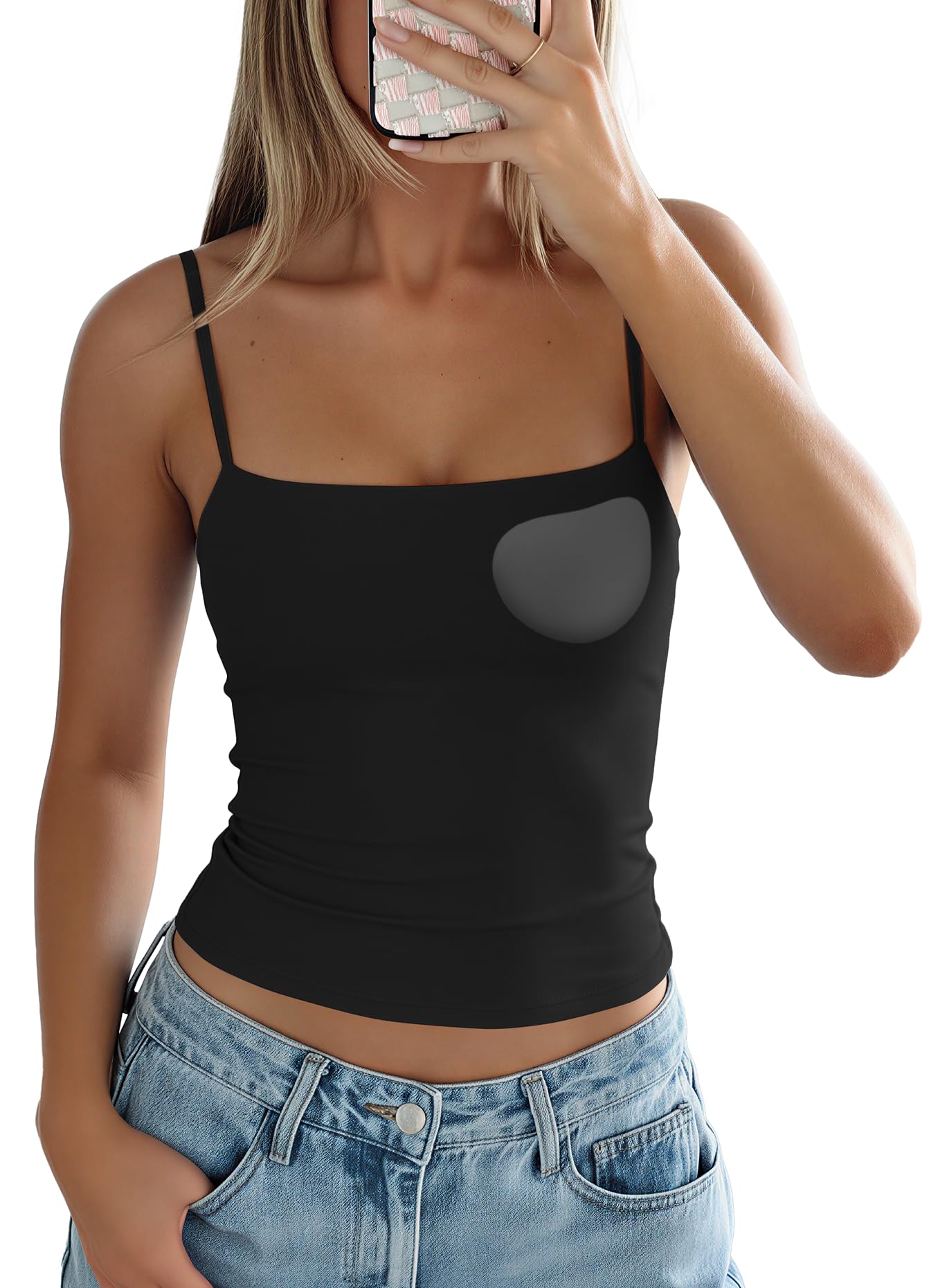 Darong Women's Padded Tank Tops with Built-in Bra Spaghetti Straps Crop Tank Top Summer Y2K Going Out Sleeveless Cami Shirt, Black, S