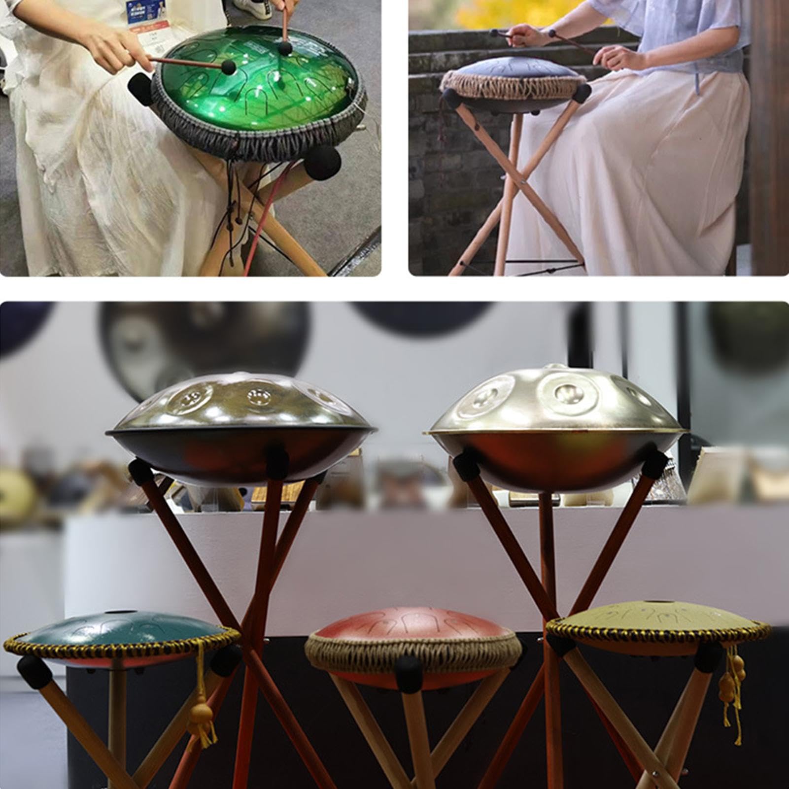 Support de tambour de handpan, support de handpan de tambour en acier | Support de tambour de langue en acier et bois,Support de tambour réglable portatif antidérapant robuste en bois pour