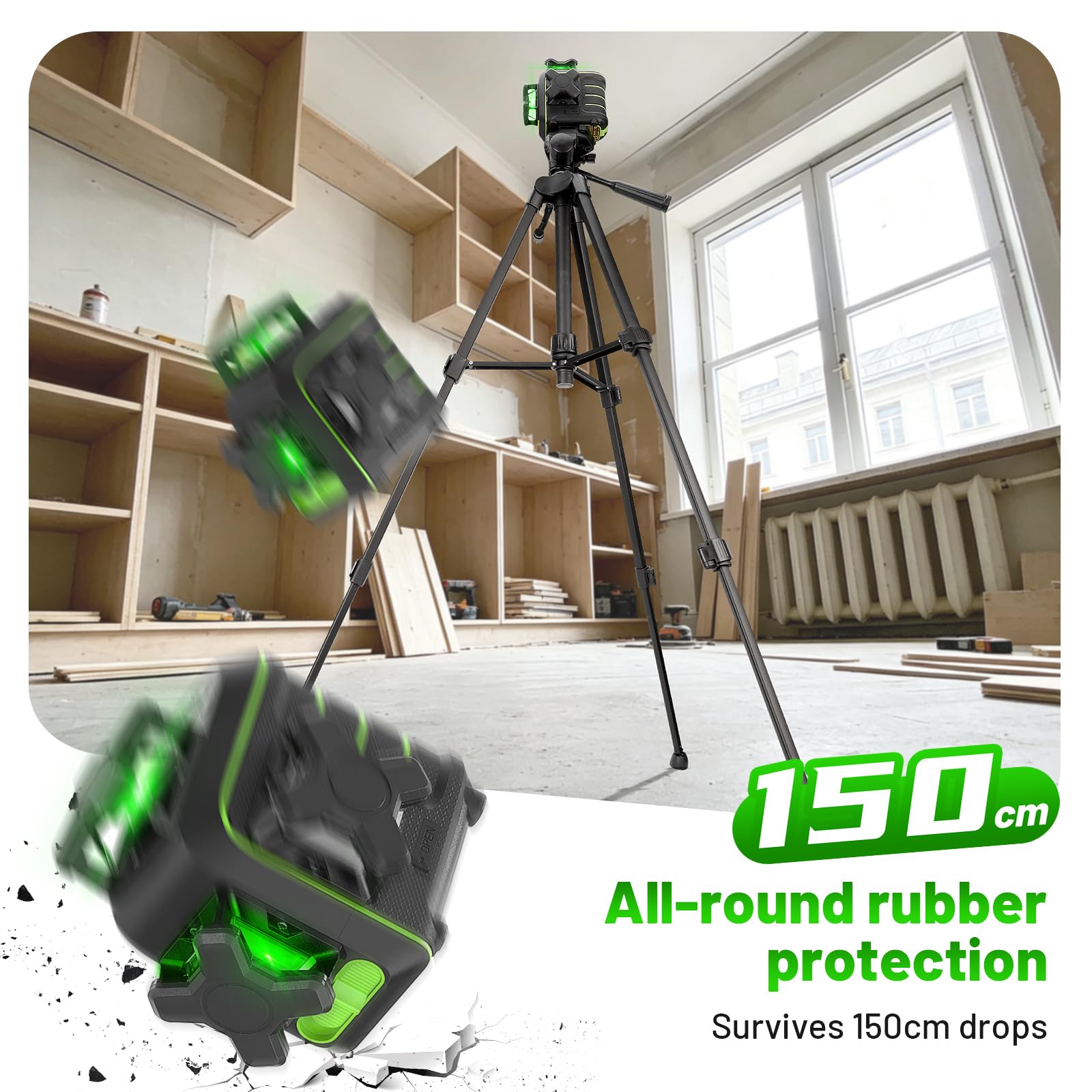 Huepar Livella Laser Verde 3x360°Autolivellante con Treppiede 1,2m, Resistente alle Cadute fino 1,5m,12 Linee,Supporto Magnetico 360°,Modalità Impulso,Portata 50m, Kit Professionale Completo U03CGT