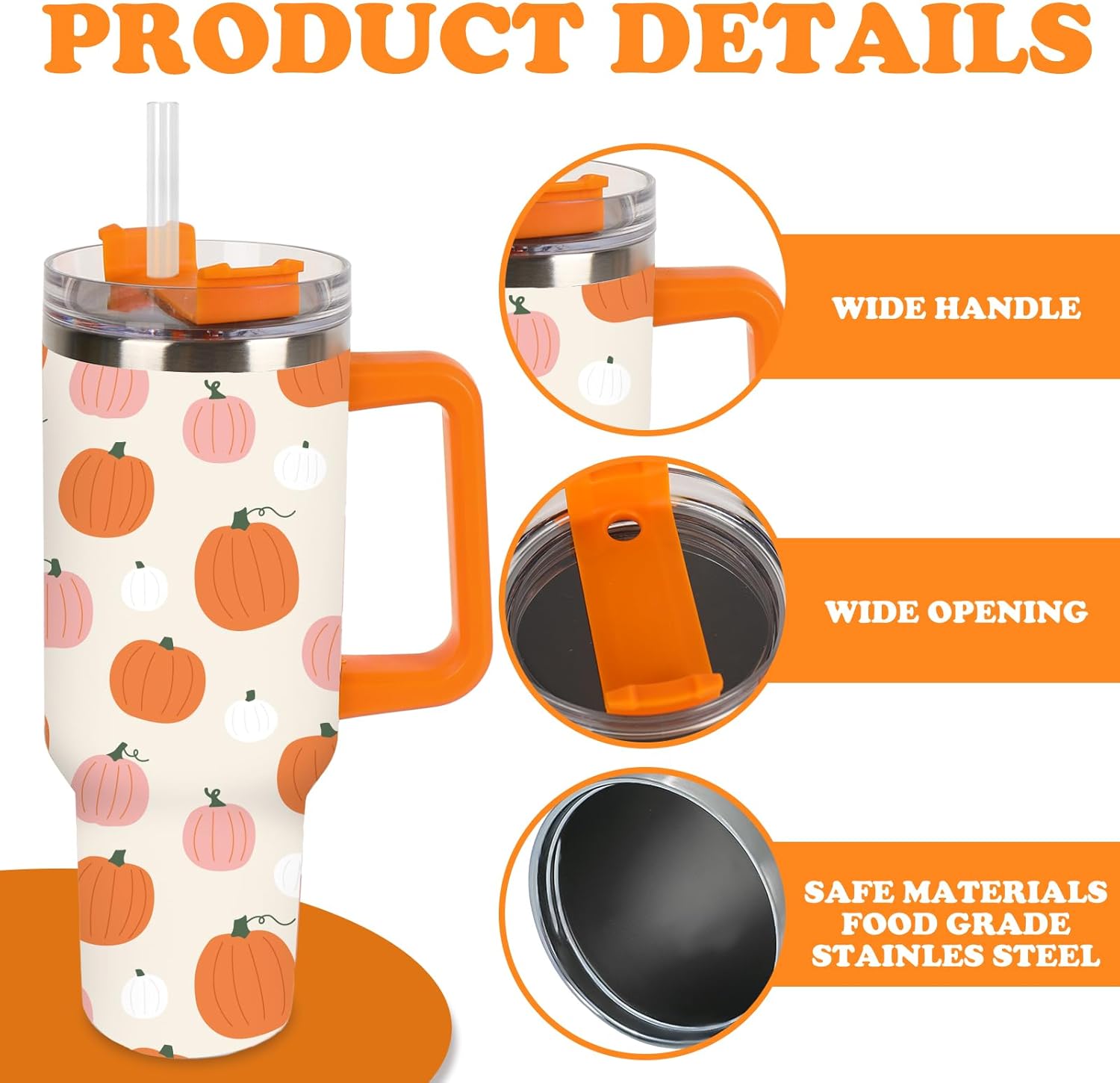 Whaline 1Pc Fall Tumbler with Handle Lid Straw 40oz Autumn Orange Pink Pumpkin Stainless Steel Travel Tumbler Cup for Thanksgiving Iced Coffee Party Favor - Image 3