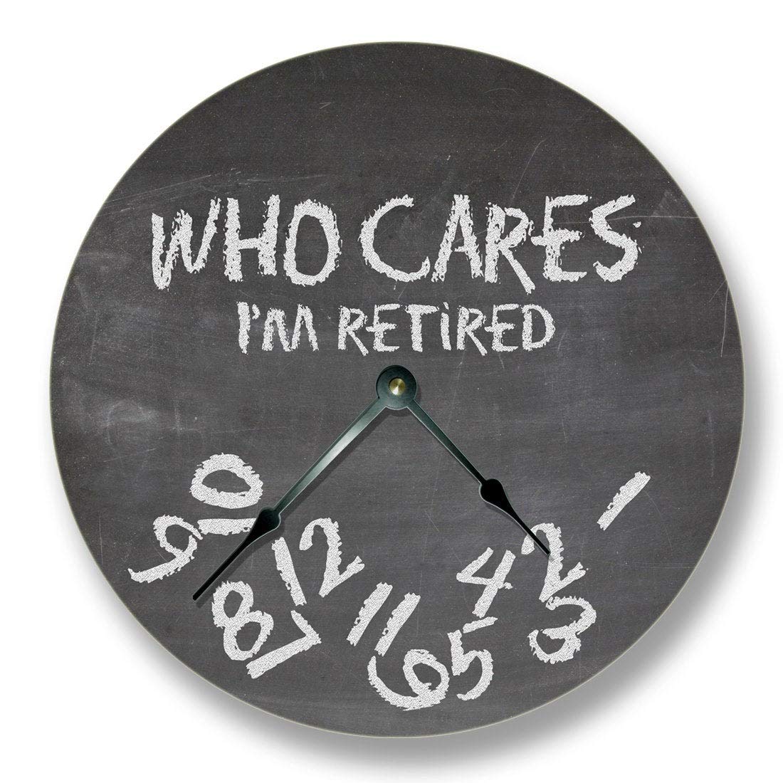 Tr73ans WHO CARES Im retired wall clock, chalkboard pattern, teacher classroom
