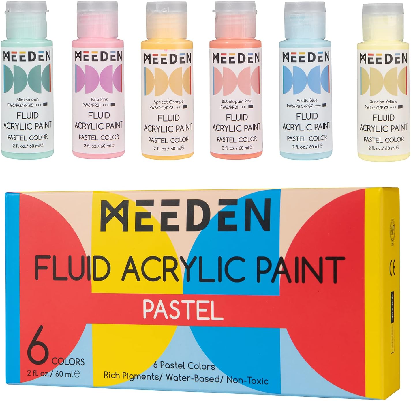 MEEDEN Fluid Pastel Acrylic Paint Set, 6 Vibrant Colors (2 oz, 60 ml