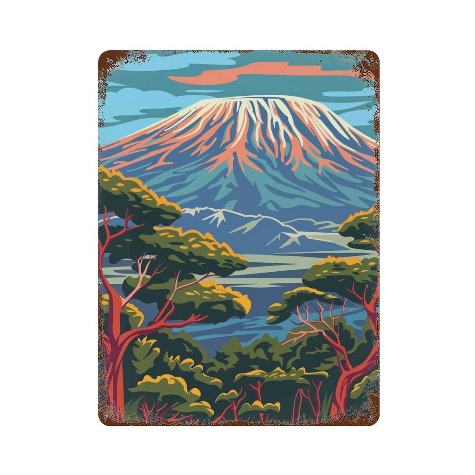 Aged Metal Wall Plaque with Mount Kilimanjaro Landscape Design 15.7"x11.8", for Basement, Hobby Room And Garage Decor, Classic Wall Plaque
