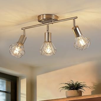 Brushed Nickel Track Lighting 3 Light Semi Flush Mount Ceiling Light Fixture Adjustable Flexibly Rotatable Farmhouse Dining Room Kitchen Light Fixtures with Metal Cage