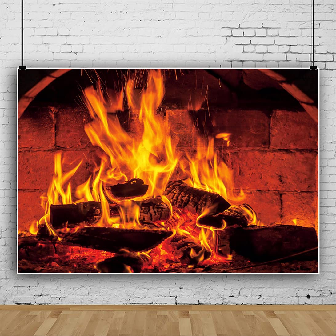 CORFOTO Burning Fireplace Backdrop Fabric 7x5ft Fake Fireplace Picture Firewood Warm Fire Flame Christmas Background For Winter Xmas Photo Props - View #9