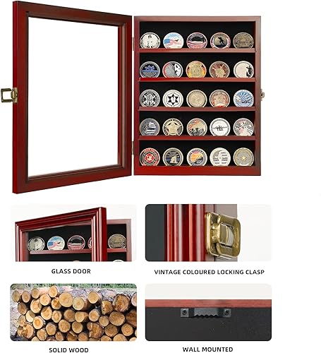 Miniatura 3 de DecoWoodo Vitrina de monedas de desafío militar con puerta de vidrio HD, vitrina de 5 filas de medallas, gabinete con caja de sombra con 2 ranuras