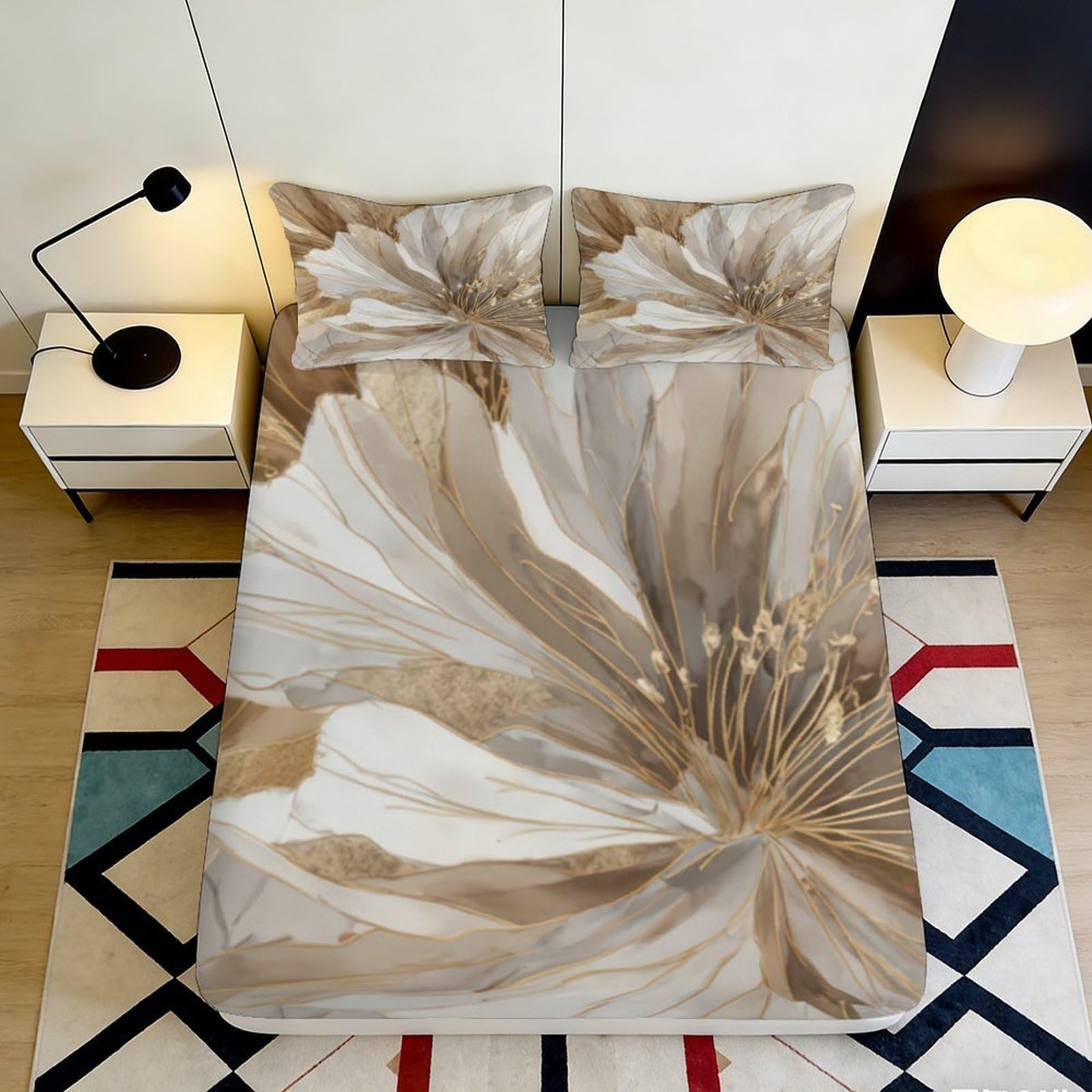 Pnayamiorkfel Style-7 3D Printed Beige Floral Fitted Sheet Microfiber Soft Breathable Abstract Blossom Mattress Cover Bedroom Decor 90X200x25cm