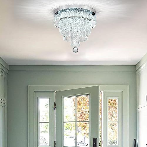 Miniatura 7 de HongnuoFc Candelabros de cristal de 16 pulgadas, lámpara LED moderna de montaje empotrado, lámpara de techo de anillo redondo de lujo para sala de