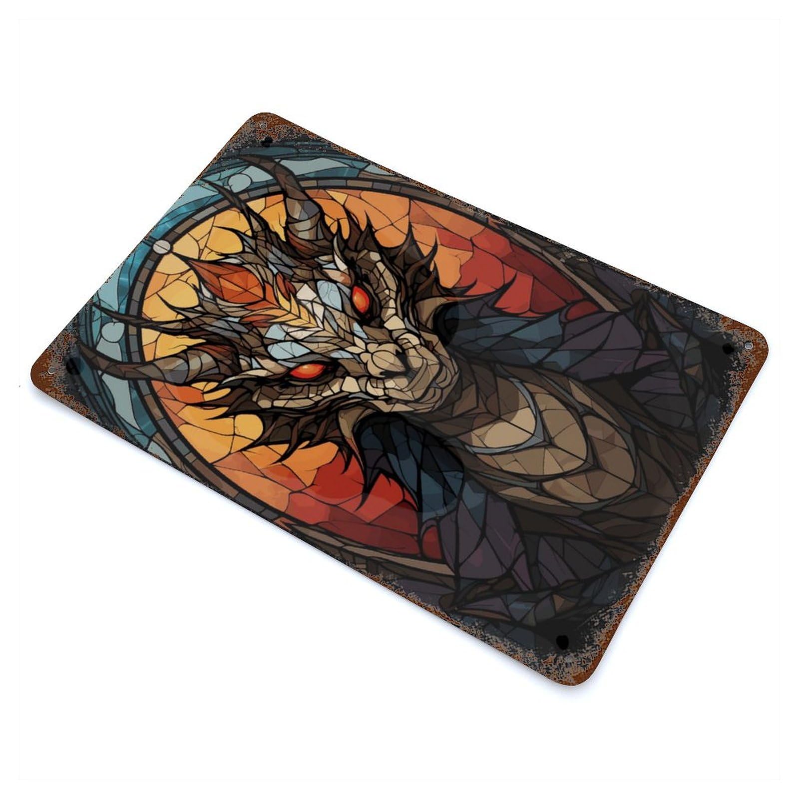 Dragon Stained Glass 11.8"x7.9" Vintage Rust Metal Sign, Classic Wall Plaque for Pub, Kitchen And Man Cave Decor