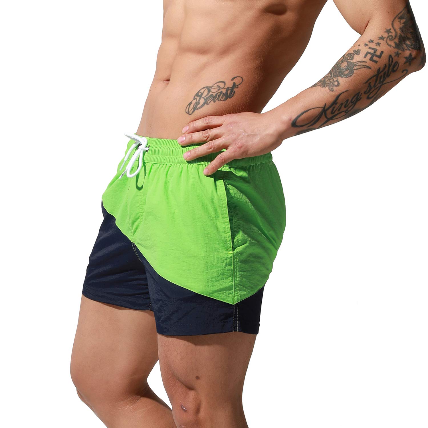 DESMIIT Men's Oblique Stitching Color Board Shorts Beach Swimsuit Green Medium